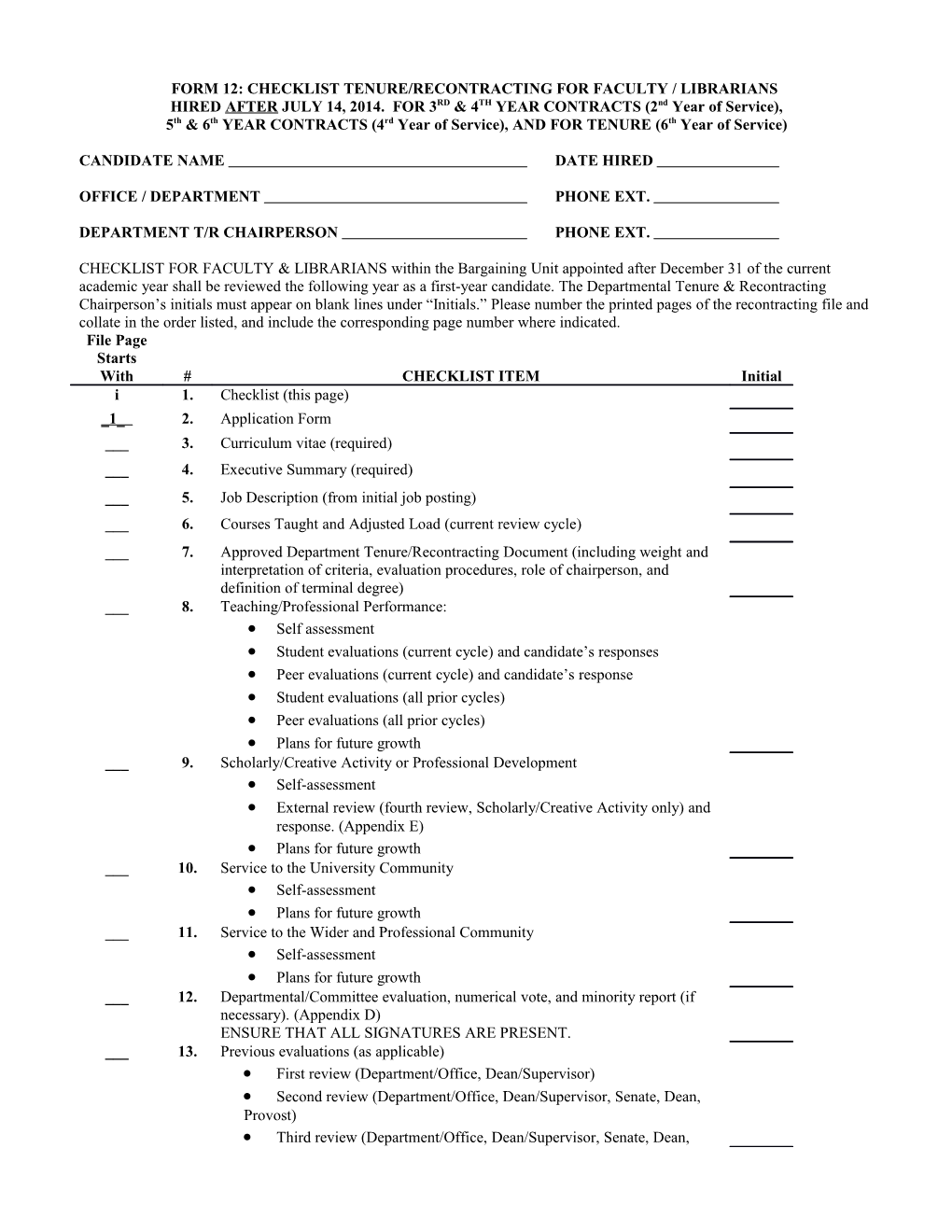 Form 12: Checklist Tenure/Recontracting for Faculty / Librarians