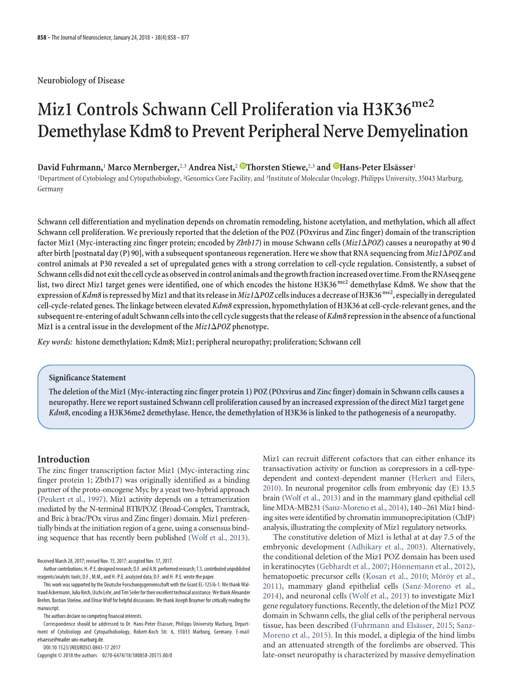 Miz1 Controls Schwann Cell Proliferation Via H3k36me2 Demethylase Kdm8 to Prevent Peripheral Nerve Demyelination