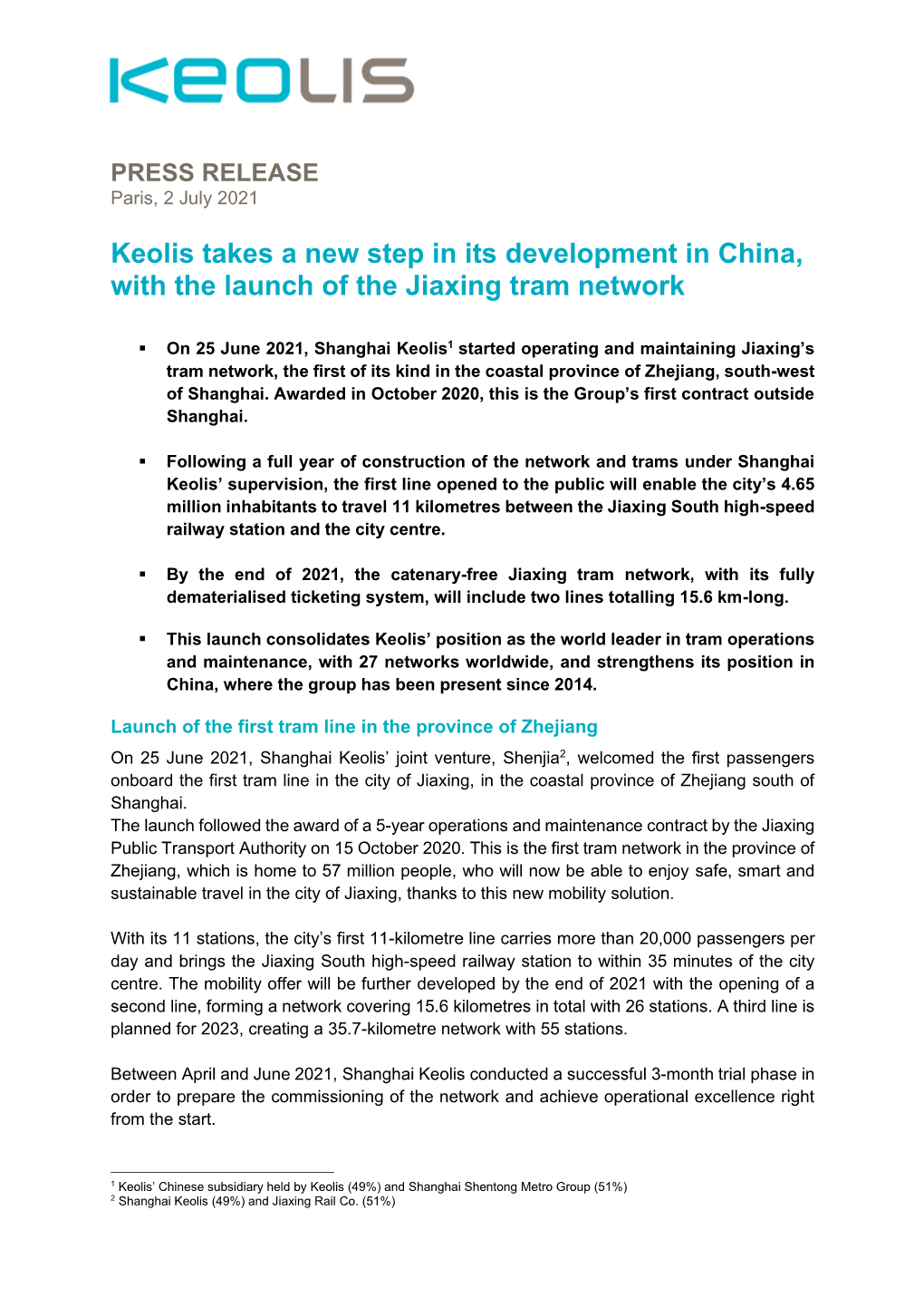 Keolis Takes a New Step in Its Development in China, with the Launch of the Jiaxing Tram Network