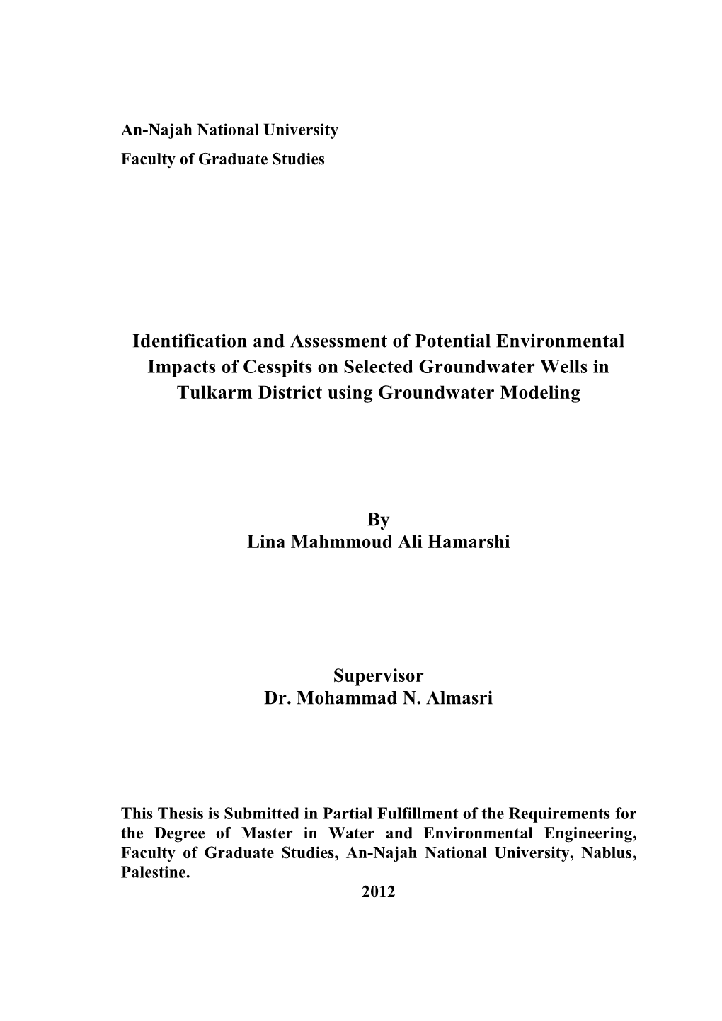 Identification and Assessment of Potential Environmental Impacts of Cesspits on Selected Groundwater Wells in Tulkarm District Using Groundwater Modeling