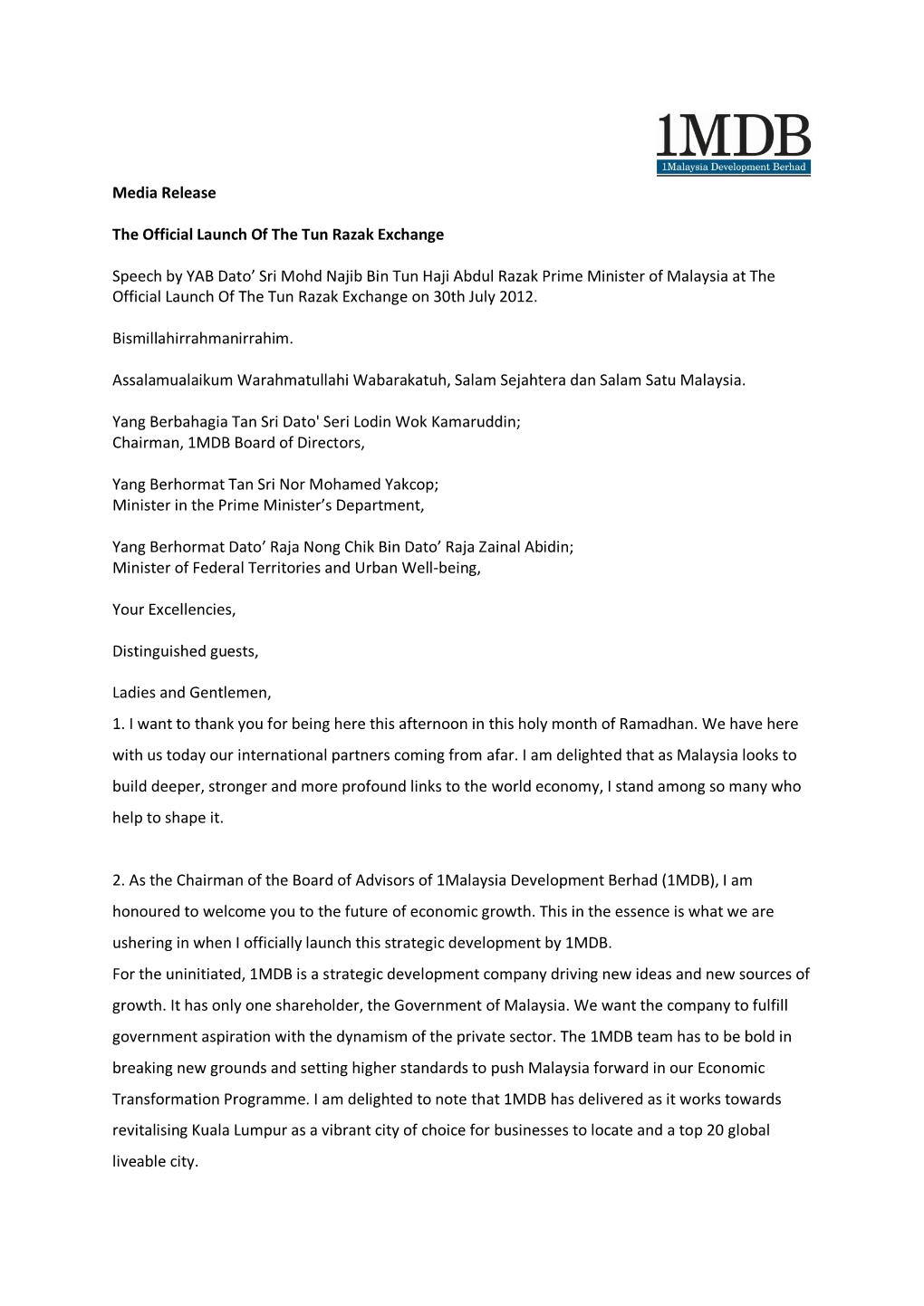 Media Release the Official Launch of the Tun Razak Exchange Speech