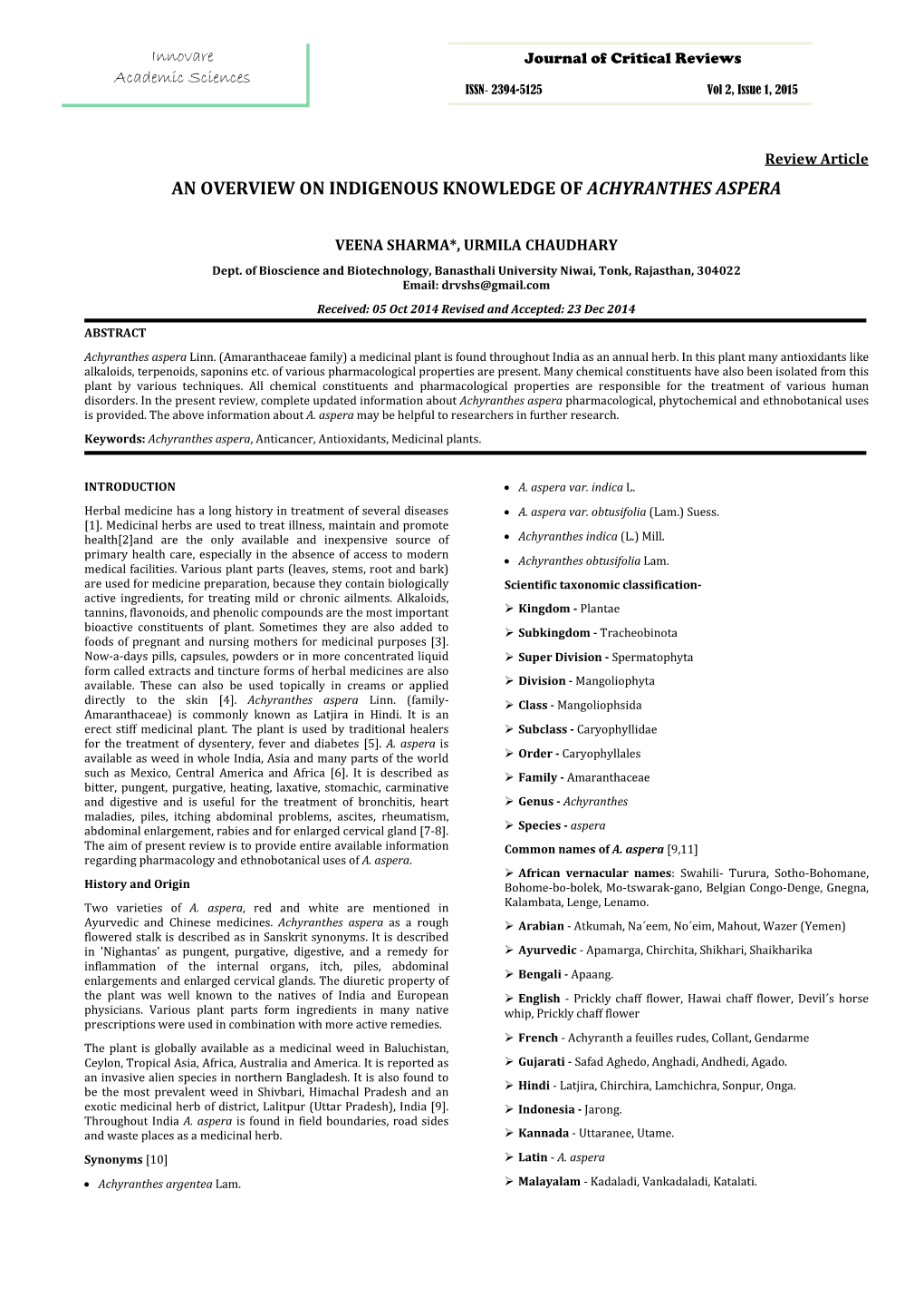 An Overview on Indigenous Knowledge of Achyranthes Aspera