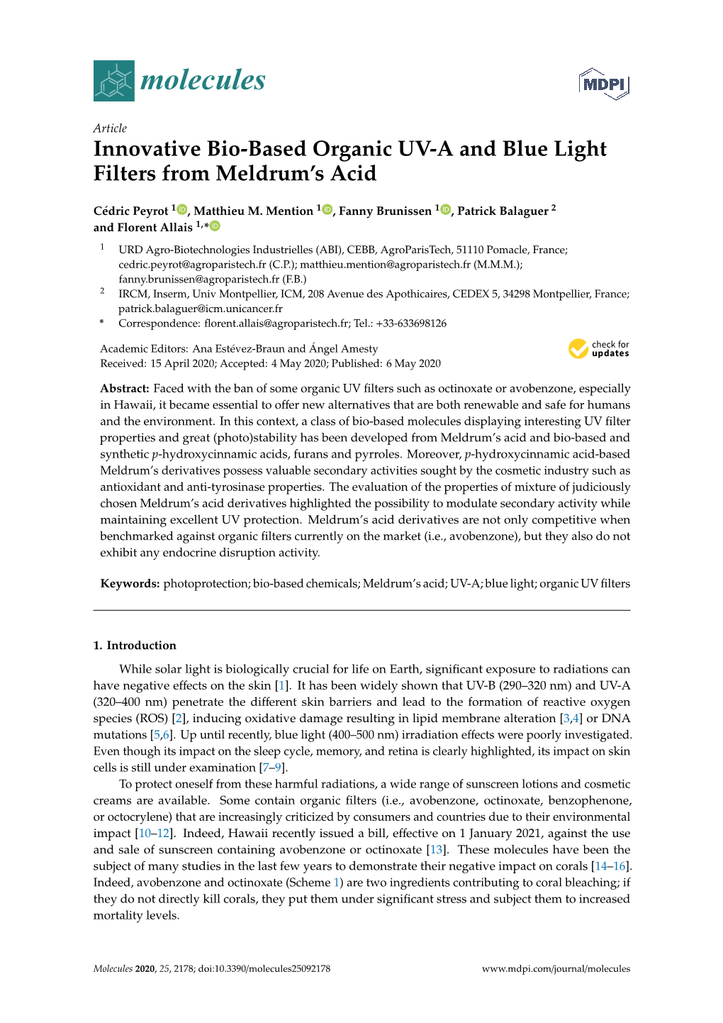 Innovative Bio-Based Organic UV-A and Blue Light Filters from Meldrum’S Acid