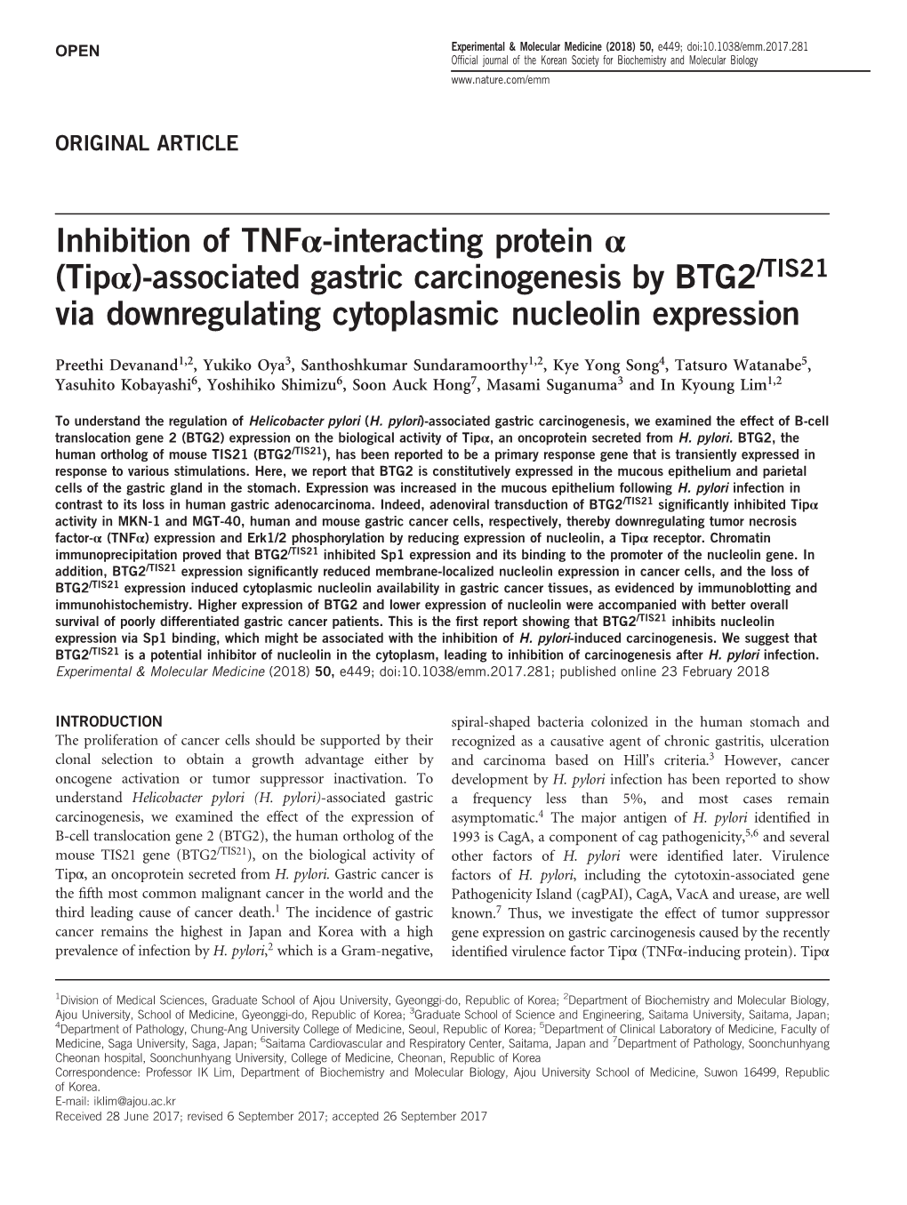 Inhibition of Tnfα-Interacting Protein Α (Tipα)-Associated Gastric Carcinogenesis by BTG2/TIS21 Via Downregulating Cytoplasmic Nucleolin Expression