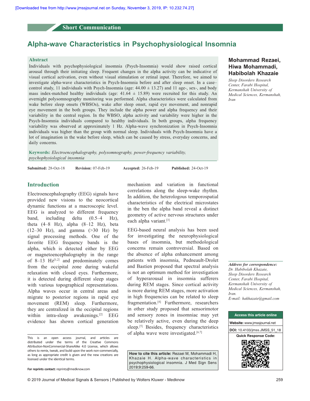 Alpha‑Wave Characteristics in Psychophysiological Insomnia