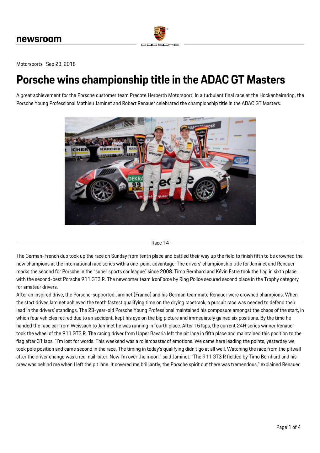 Porsche Wins Championship Title in the ADAC GT Masters