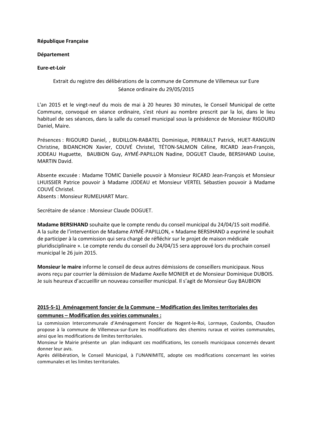République Française Département Eure-Et-Loir Extrait Du Registre Des