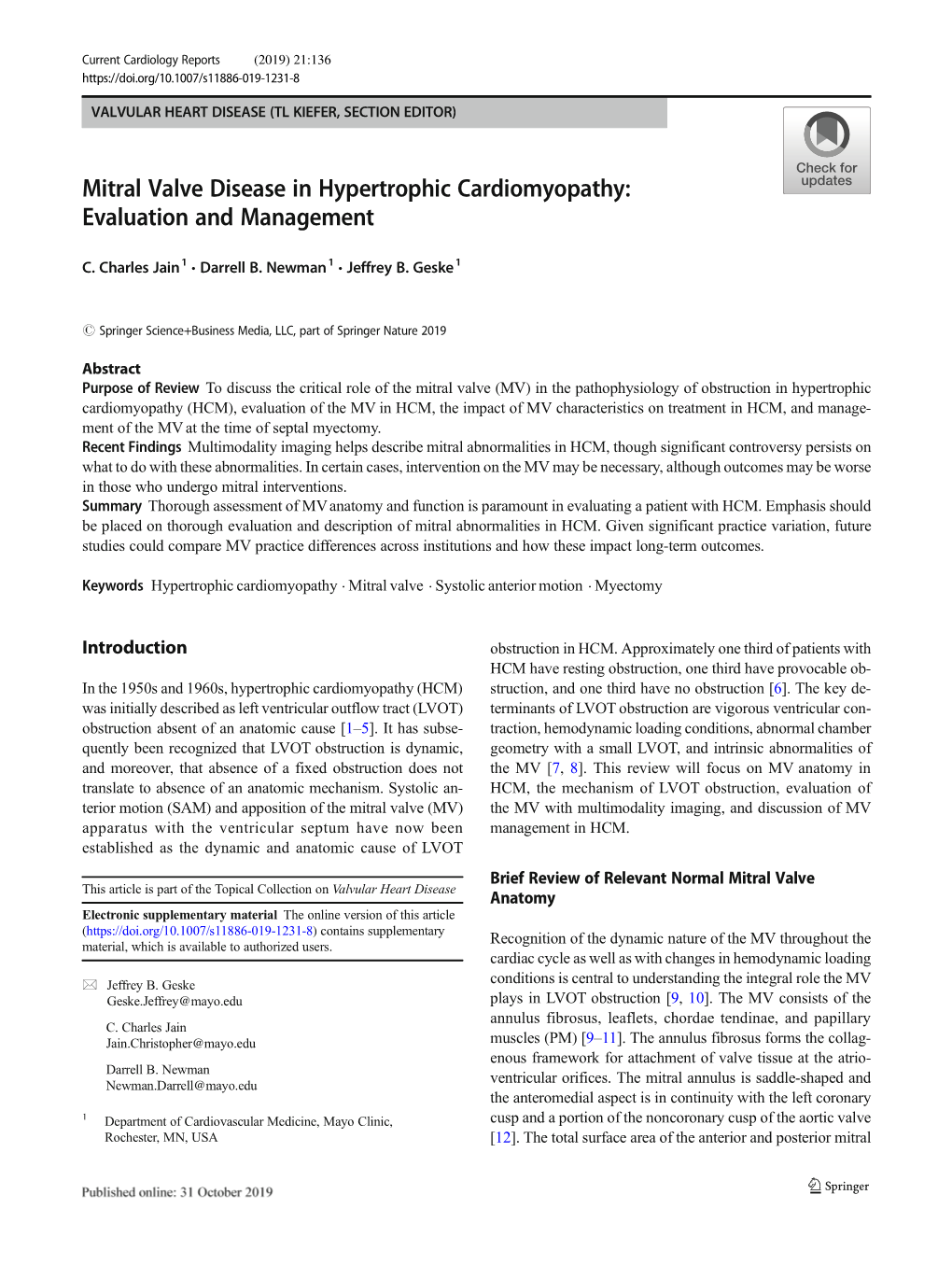 Mitral Valve Disease in Hypertrophic Cardiomyopathy:Evaluation And