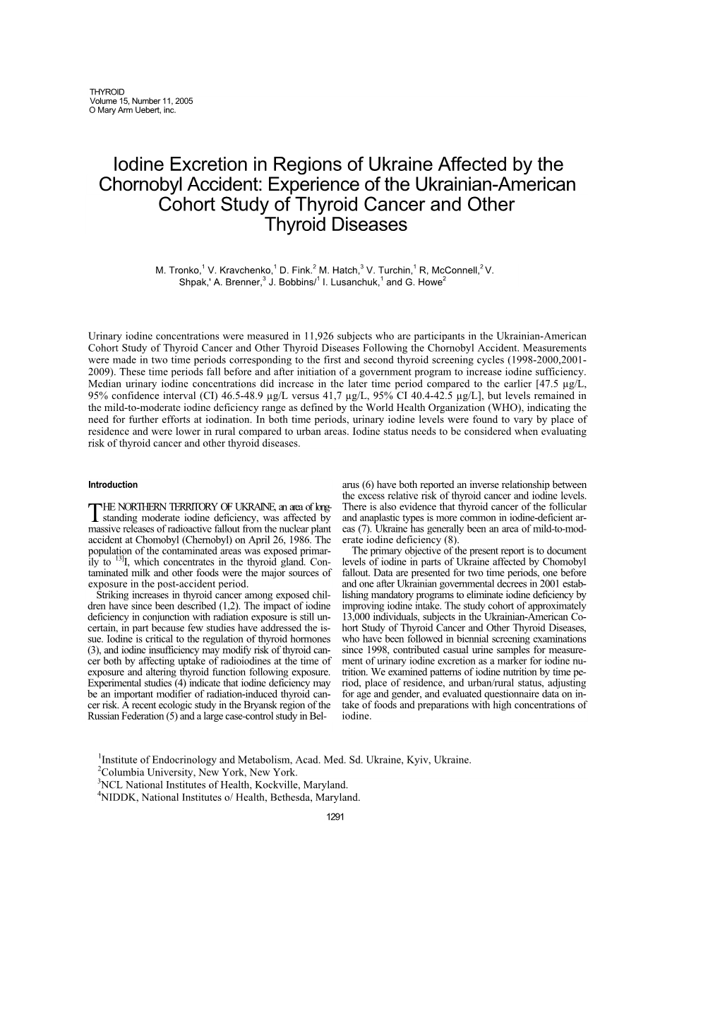 Iodine Excretion in Regions of Ukraine Affected by the Chornobyl Accident