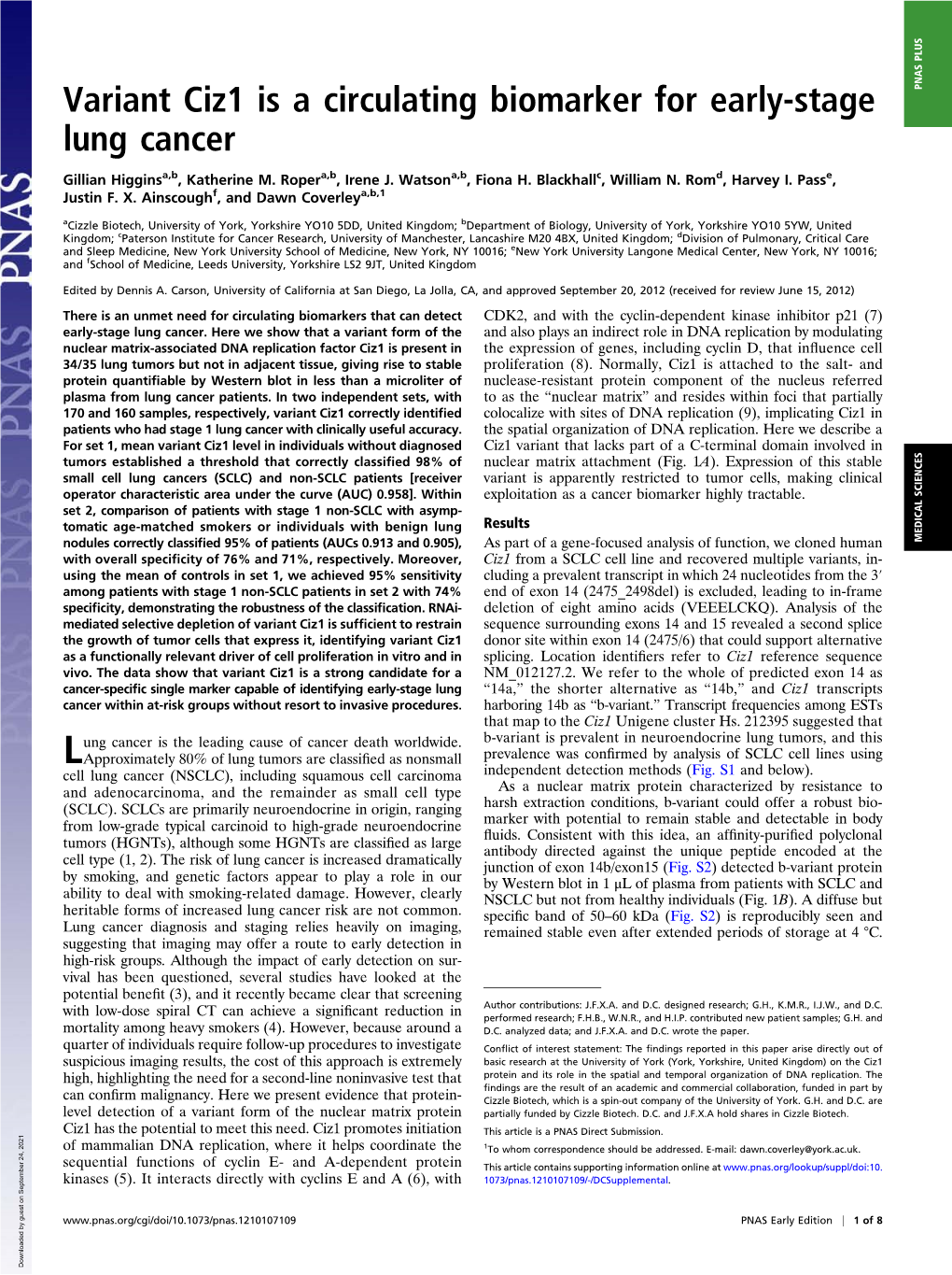 Variant Ciz1 Is a Circulating Biomarker for Early-Stage Lung Cancer