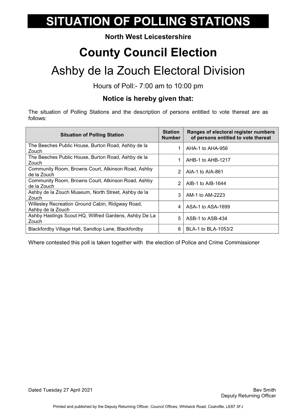 SITUATION of POLLING STATIONS County Council Election Ashby De