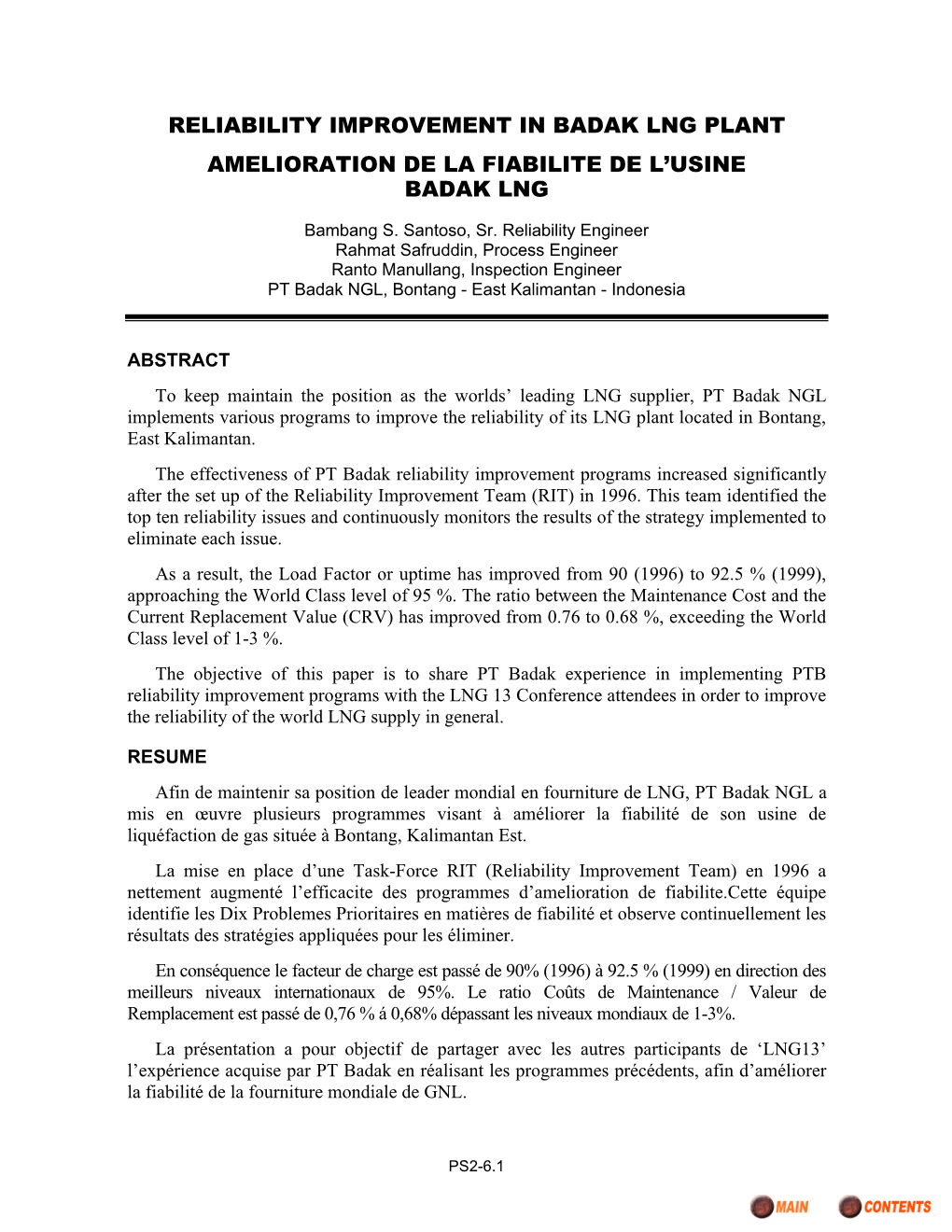 Reliability Improvement in Badak Lng Plant Amelioration De La Fiabilite De L’Usine Badak Lng