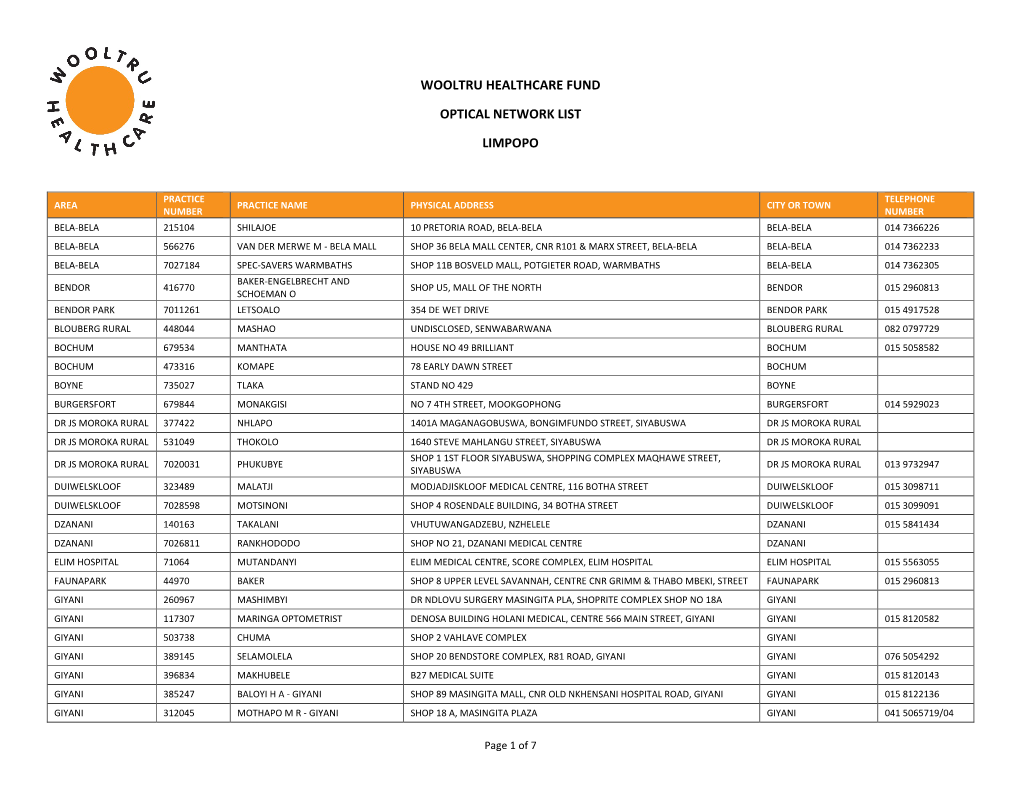 Wooltru Healthcare Fund Optical Network List Limpopo