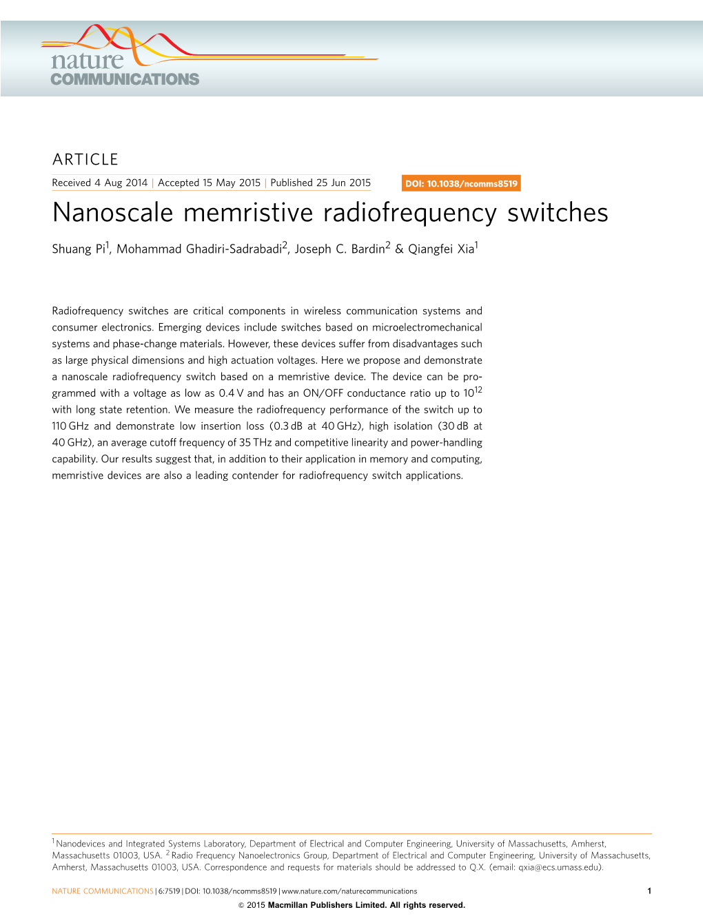 Nanoscale Memristive Radiofrequency Switches