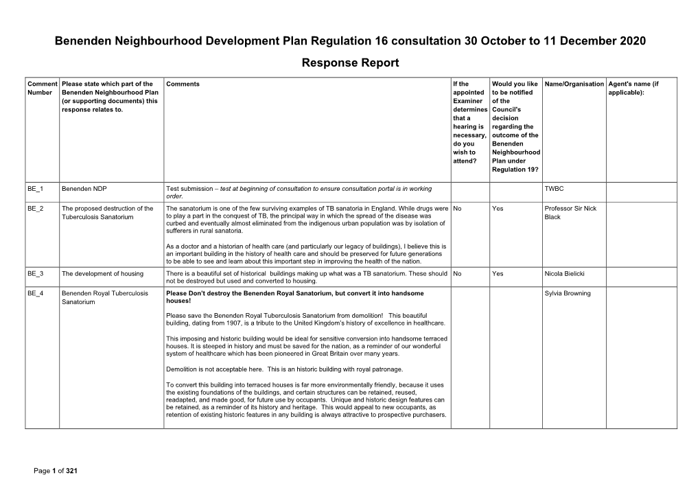 Response Report for Benenden Neighbourhood Plan Regulation 16