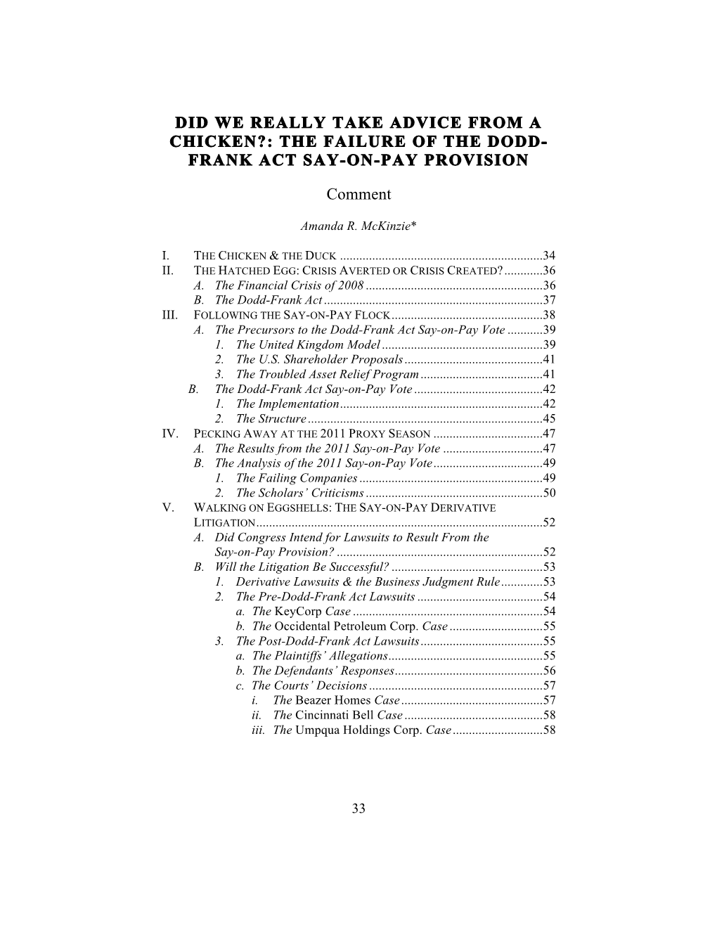 The Failure of the Dodd- Frank Act Say-On-Pay Provision