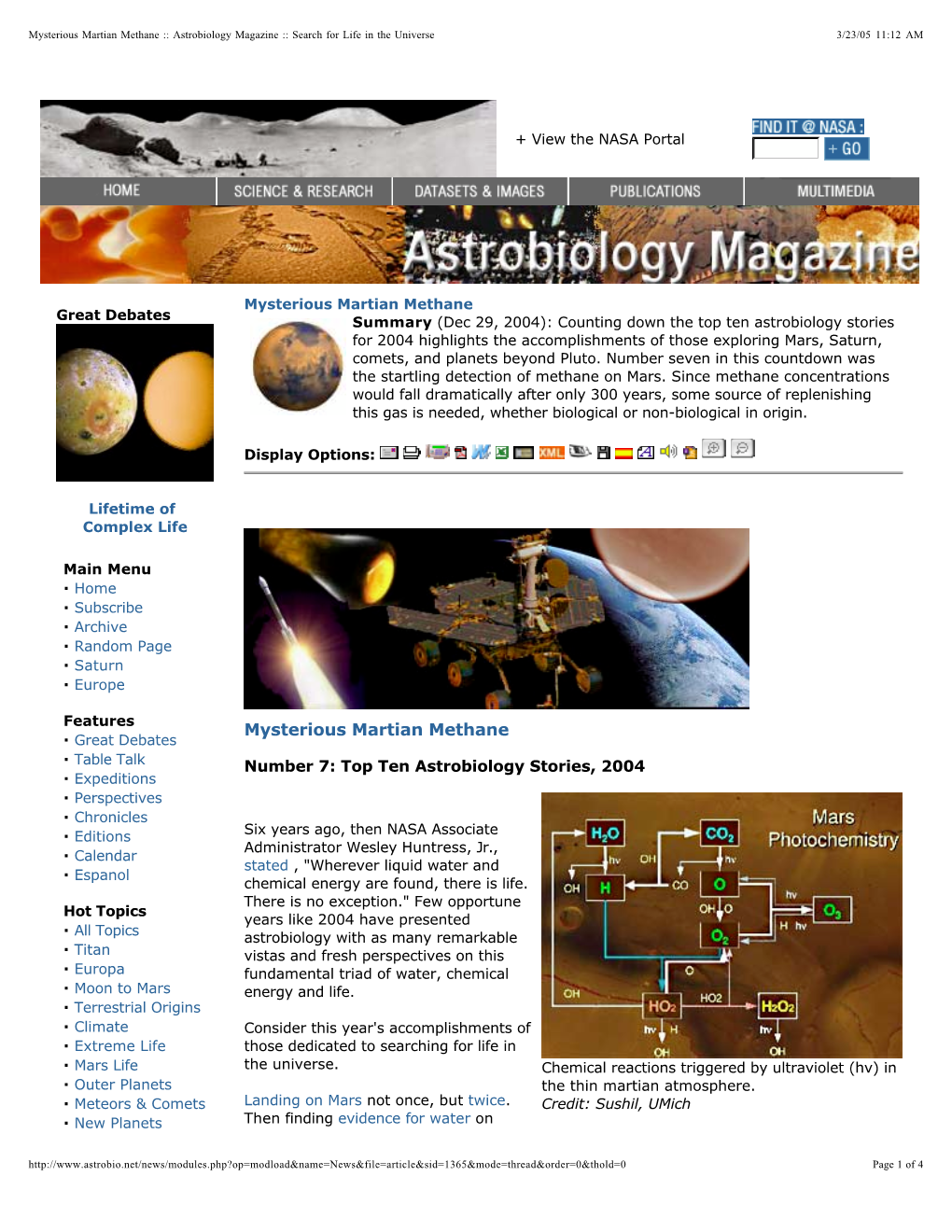 Mysterious Martian Methane :: Astrobiology Magazine :: Search for Life in the Universe 3/23/05 11:12 AM