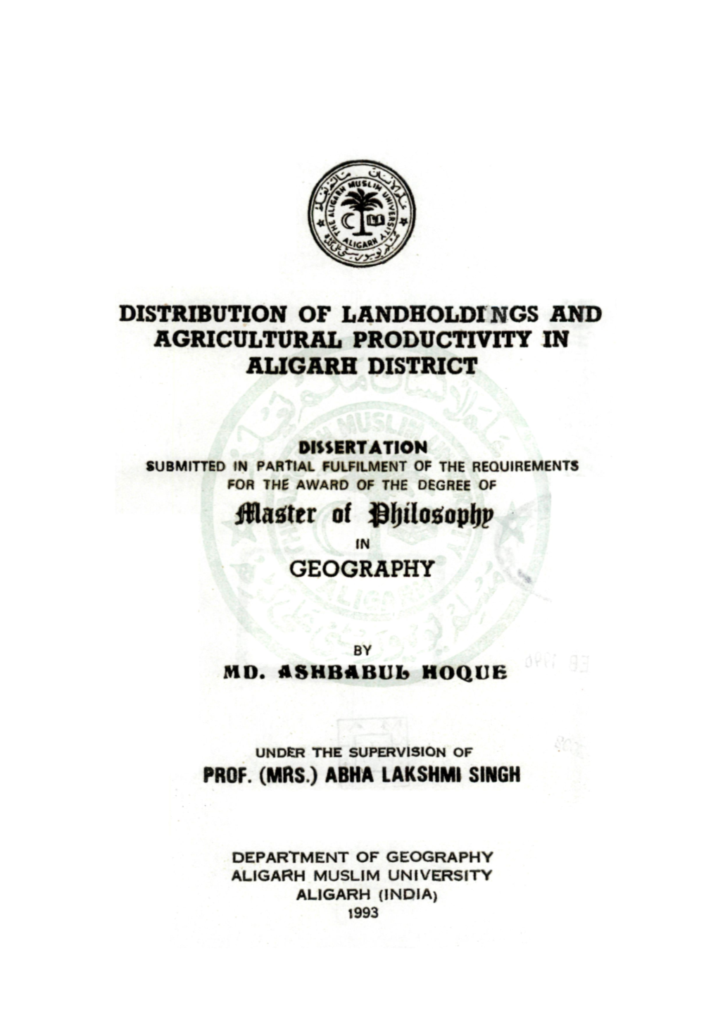 Distribution of Landholdings and Agricultural Productivity in Aligarh District