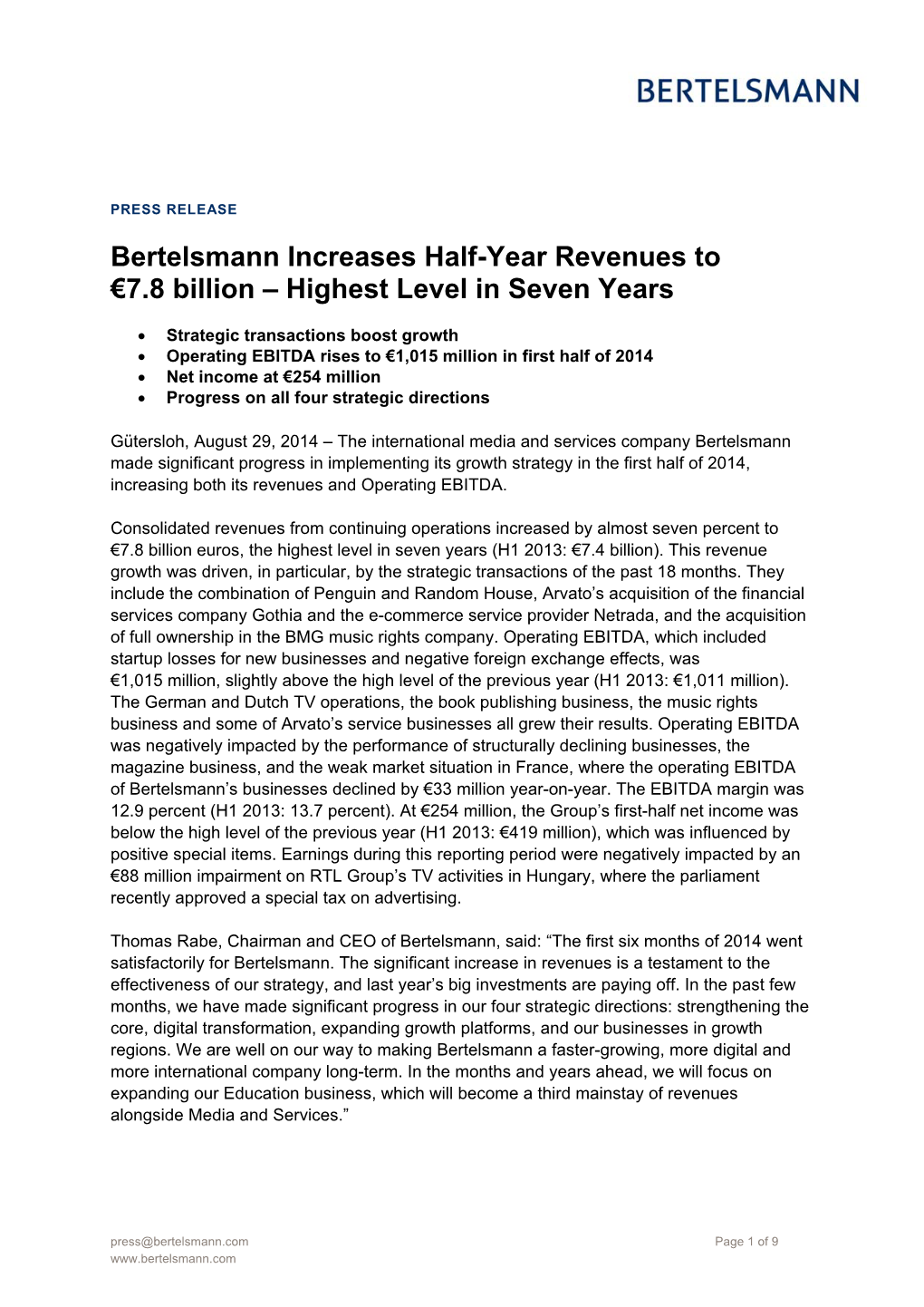 Bertelsmann Increases Half-Year Revenues to €7.8 Billion – Highest Level in Seven Years