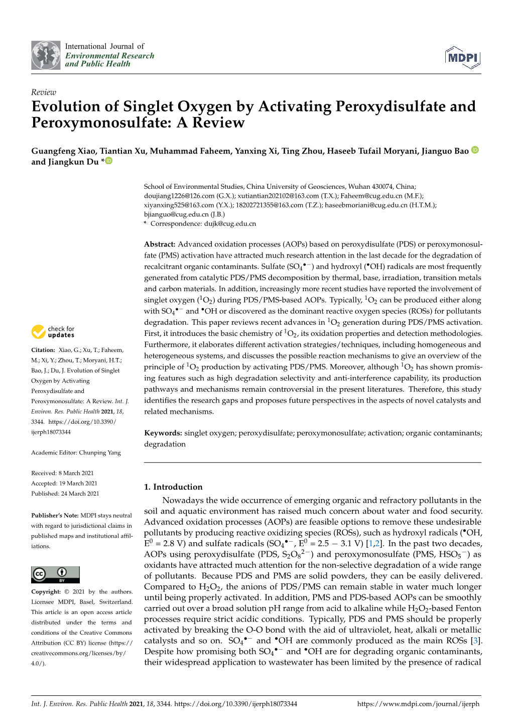 Evolution of Singlet Oxygen by Activating Peroxydisulfate and Peroxymonosulfate: a Review