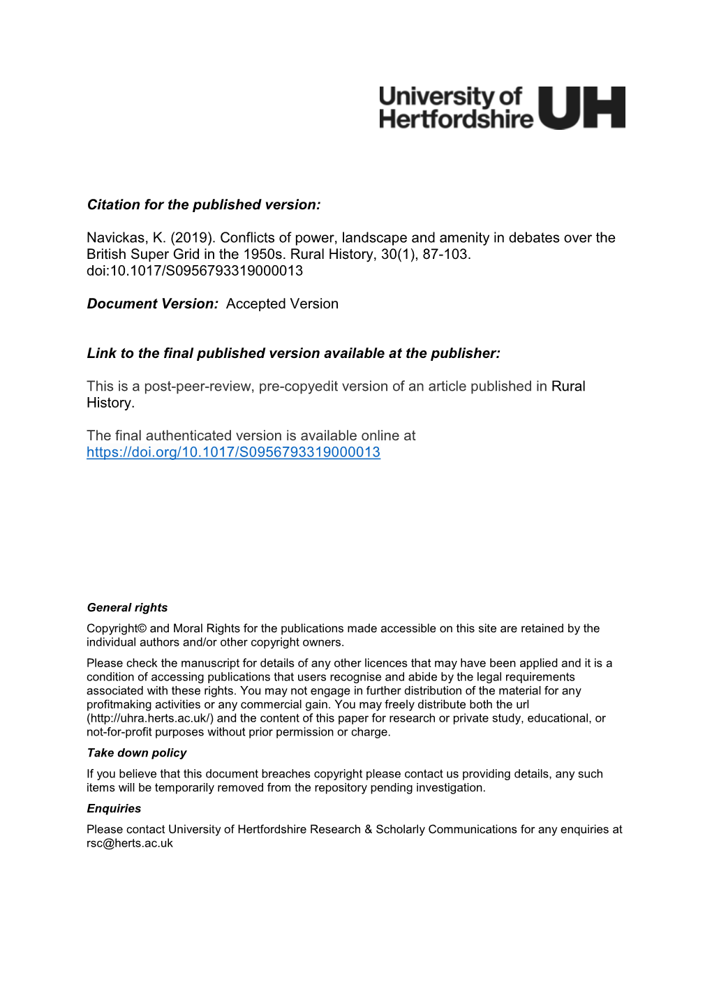 Citation for the Published Version: Navickas, K. (2019). Conflicts of Power, Landscape and Amenity in Debates Over the British