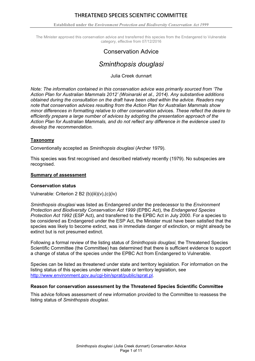 Conservation Advice Sminthopsis Douglasi Julia Creek Dunnart