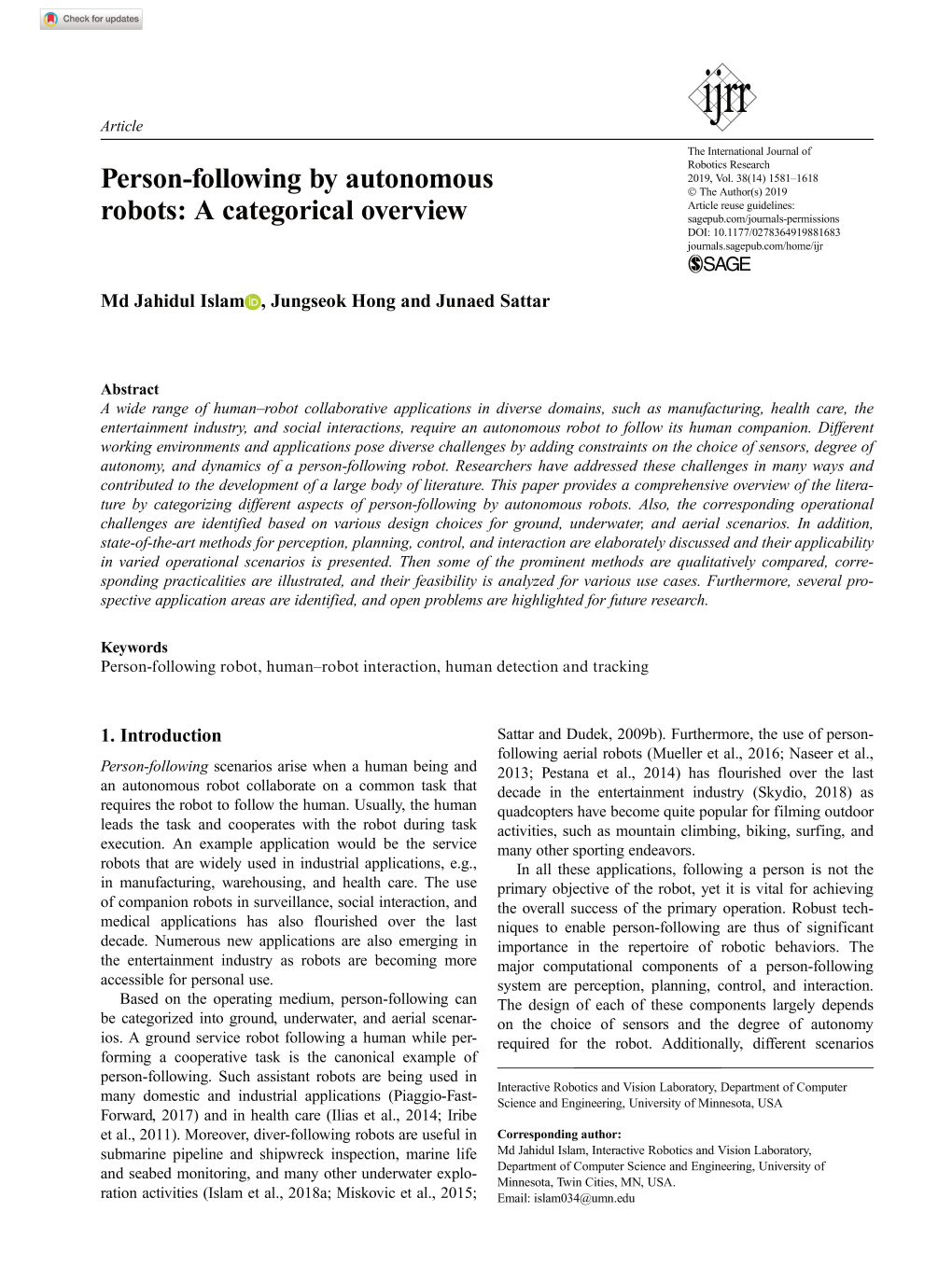 Person-Following by Autonomous Robots: a Categorical Overview