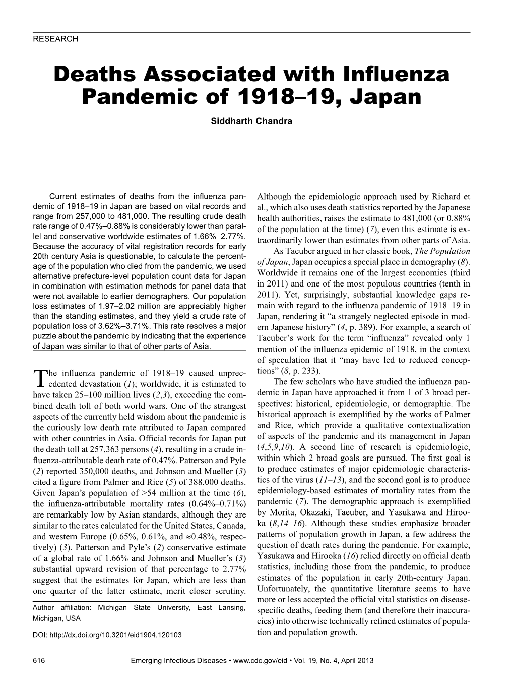 Deaths Associated with Influenza Pandemic of 1918–19, Japan Siddharth Chandra