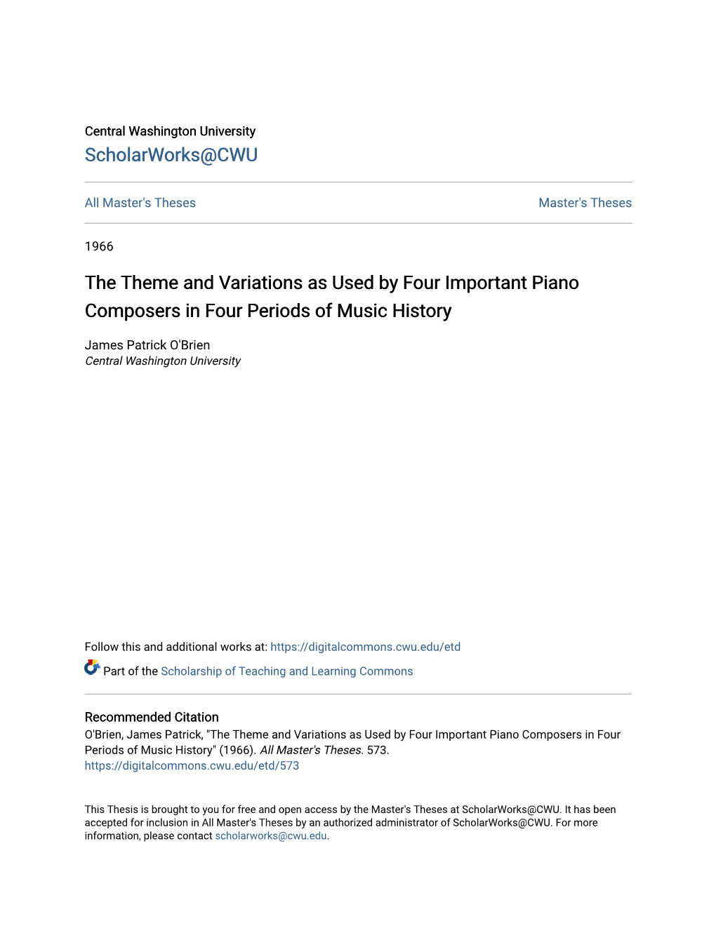 The Theme and Variations As Used by Four Important Piano Composers in Four Periods of Music History