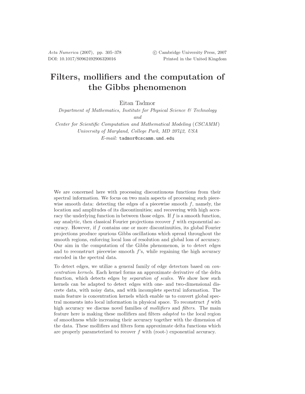 Filters, Mollifiers and the Computation of the Gibbs Phenomenon