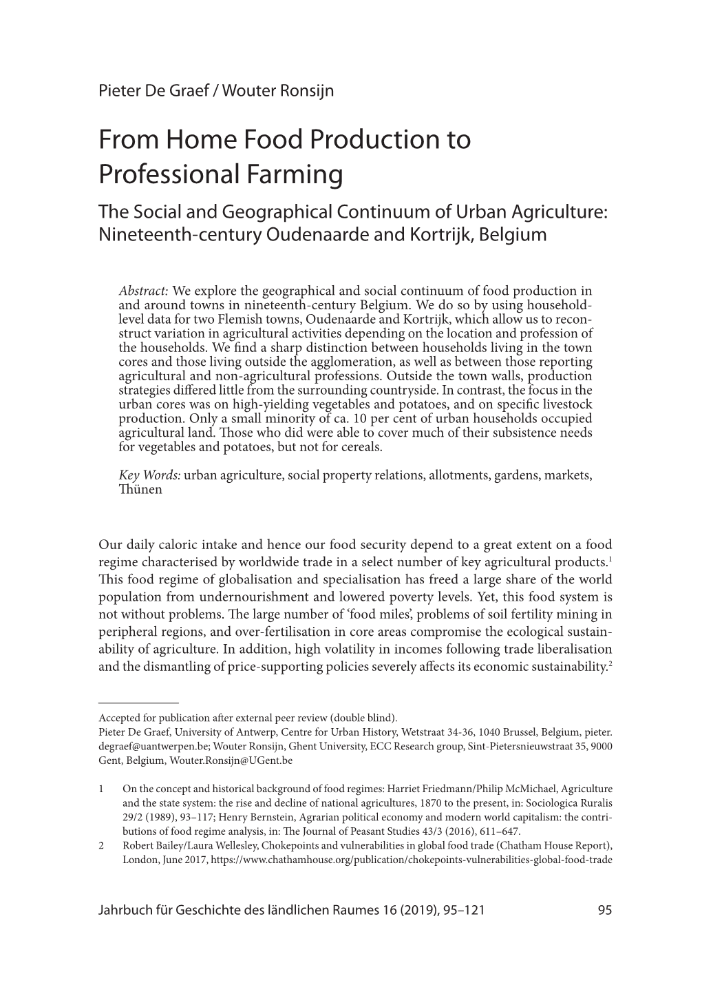 From Home Food Production to Professional Farming the Social and Geographical Continuum of Urban Agriculture: Nineteenth-Century Oudenaarde and Kortrijk, Belgium