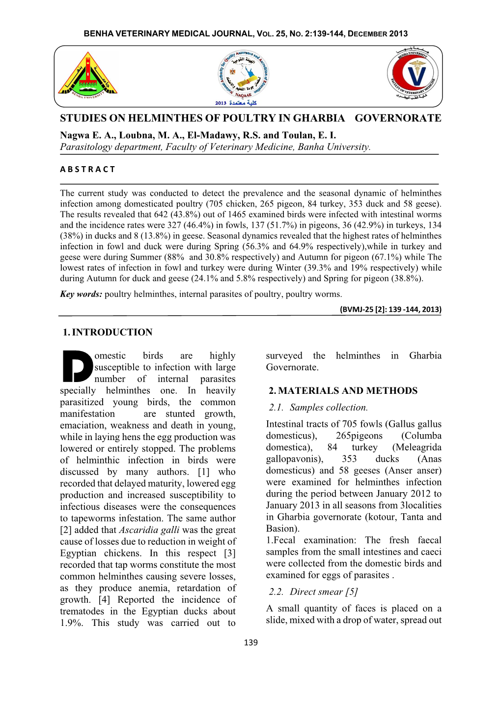 STUDIES on HELMINTHES of POULTRY in GHARBIA GOVERNORATE Nagwa E