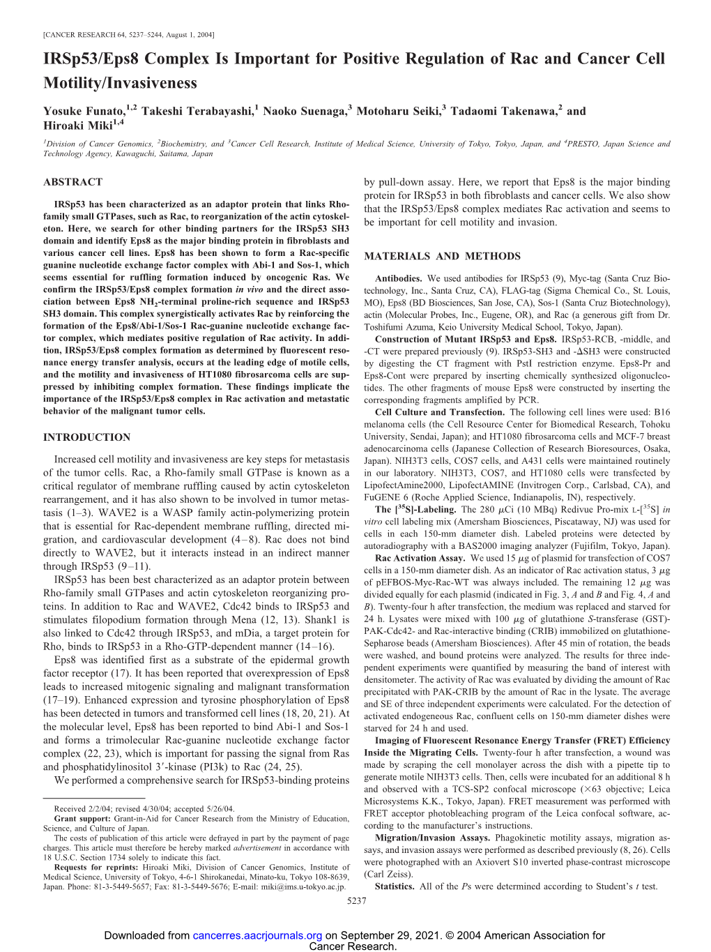 Irsp53/Eps8 Complex Is Important for Positive Regulation of Rac and Cancer Cell Motility/Invasiveness