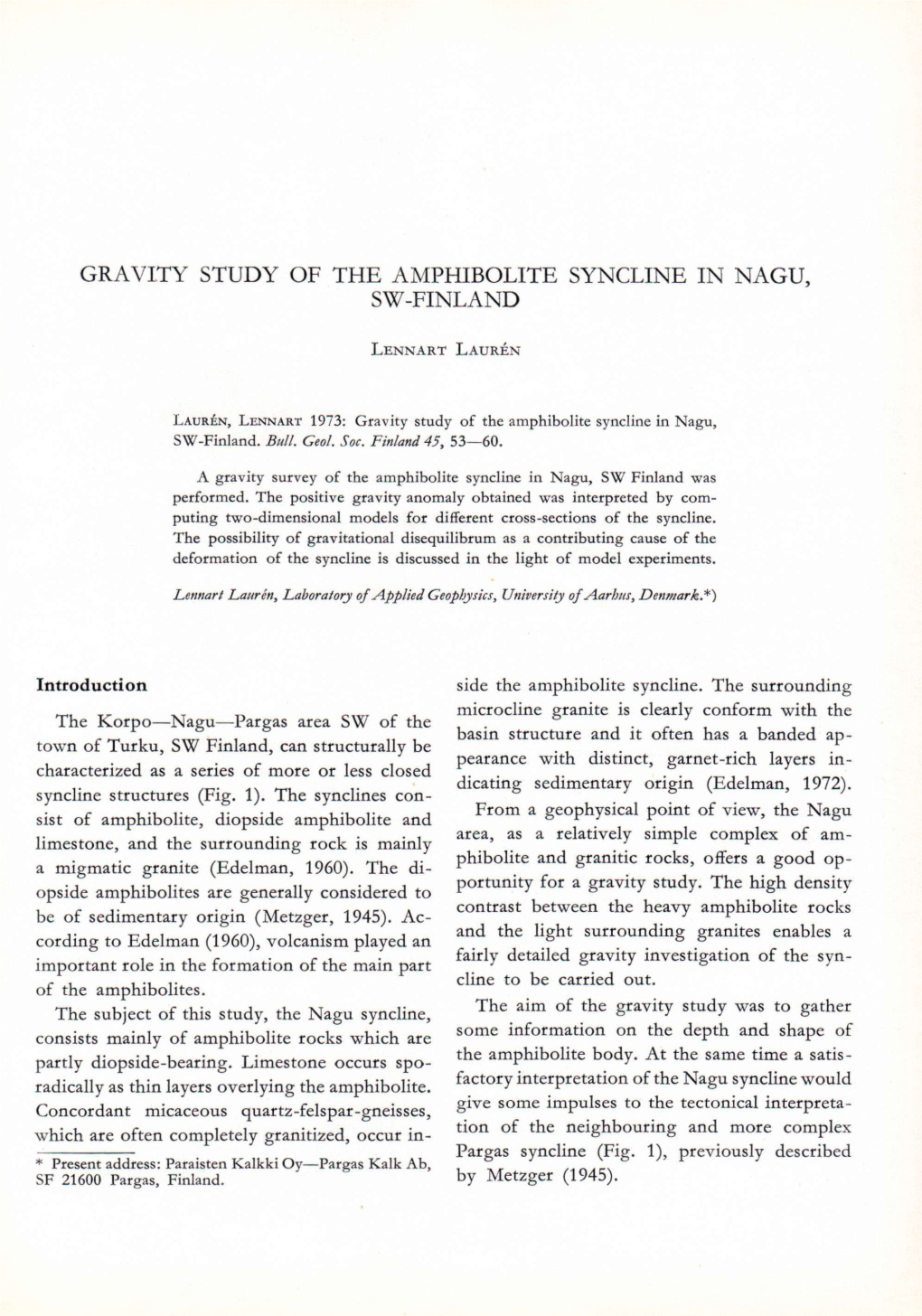 Gravity Study of the Amphibolite Syncline in Nagu, Sw-Finland