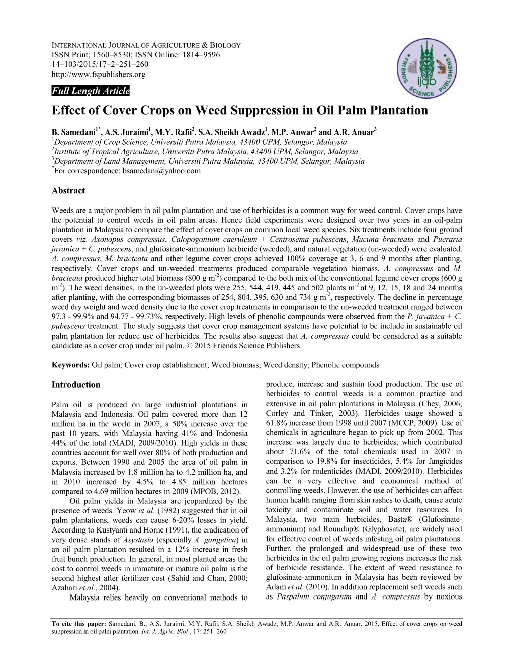 Effect of Cover Crops on Weed Suppression in Oil Palm Plantation