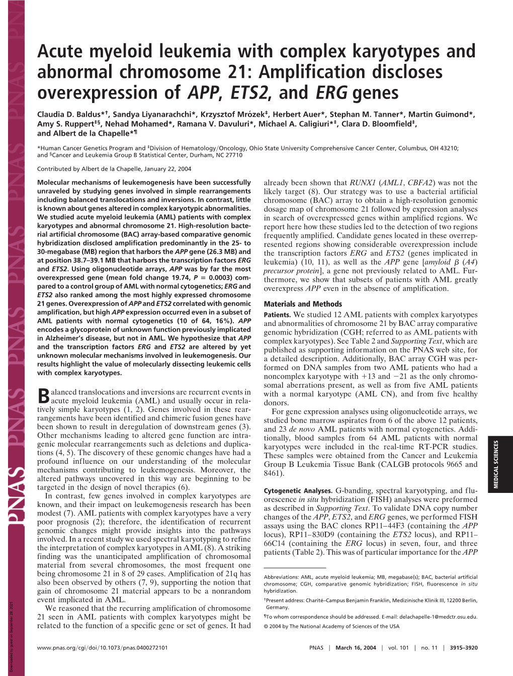 Acute Myeloid Leukemia with Complex Karyotypes and Abnormal Chromosome 21: Amplification Discloses Overexpression of APP, ETS2, and ERG Genes