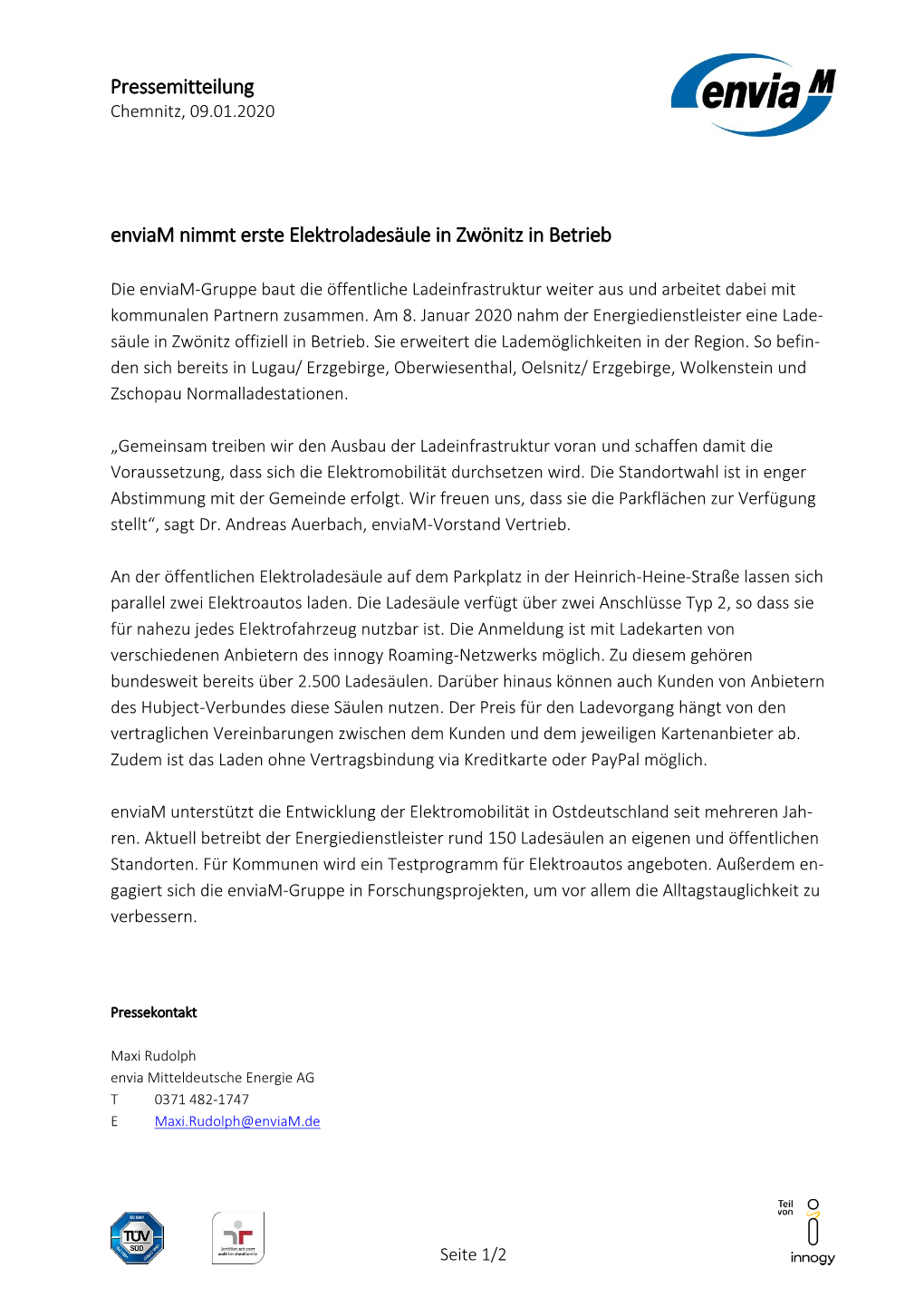 Pressemitteilung Enviam Nimmt Erste Elektroladesäule in Zwönitz in Betrieb