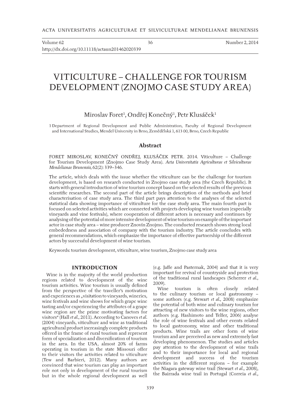 Viticulture – Challenge for Tourism Development (Znojmo Case Study Area)