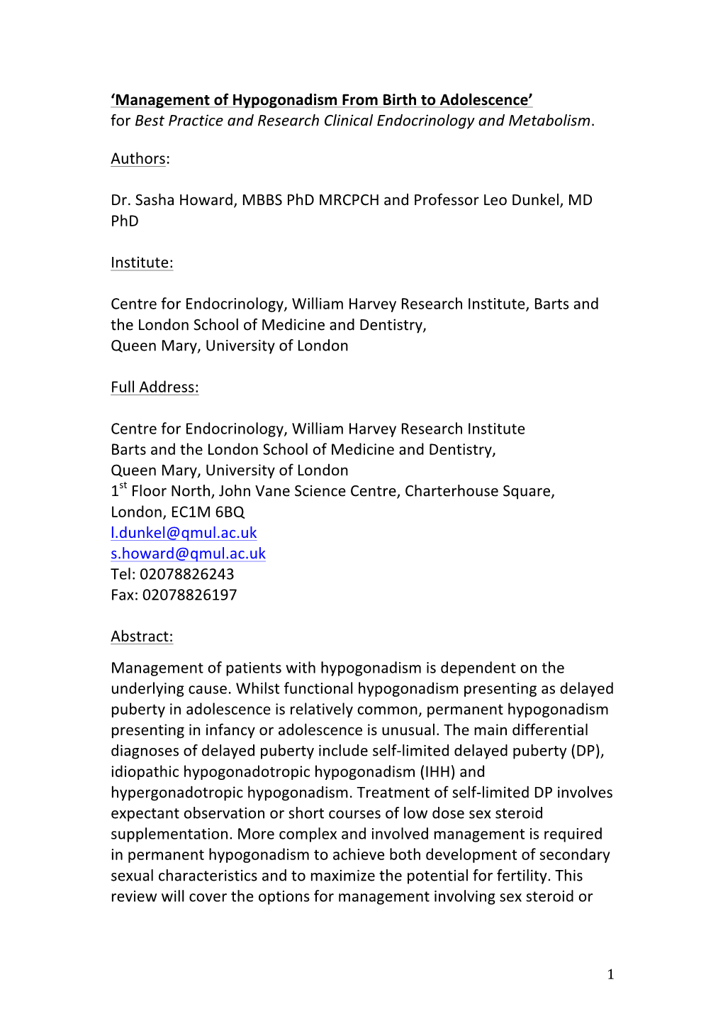 Management of Hypogonadism from Birth to Adolescence’ for Best Practice and Research Clinical Endocrinology and Metabolism