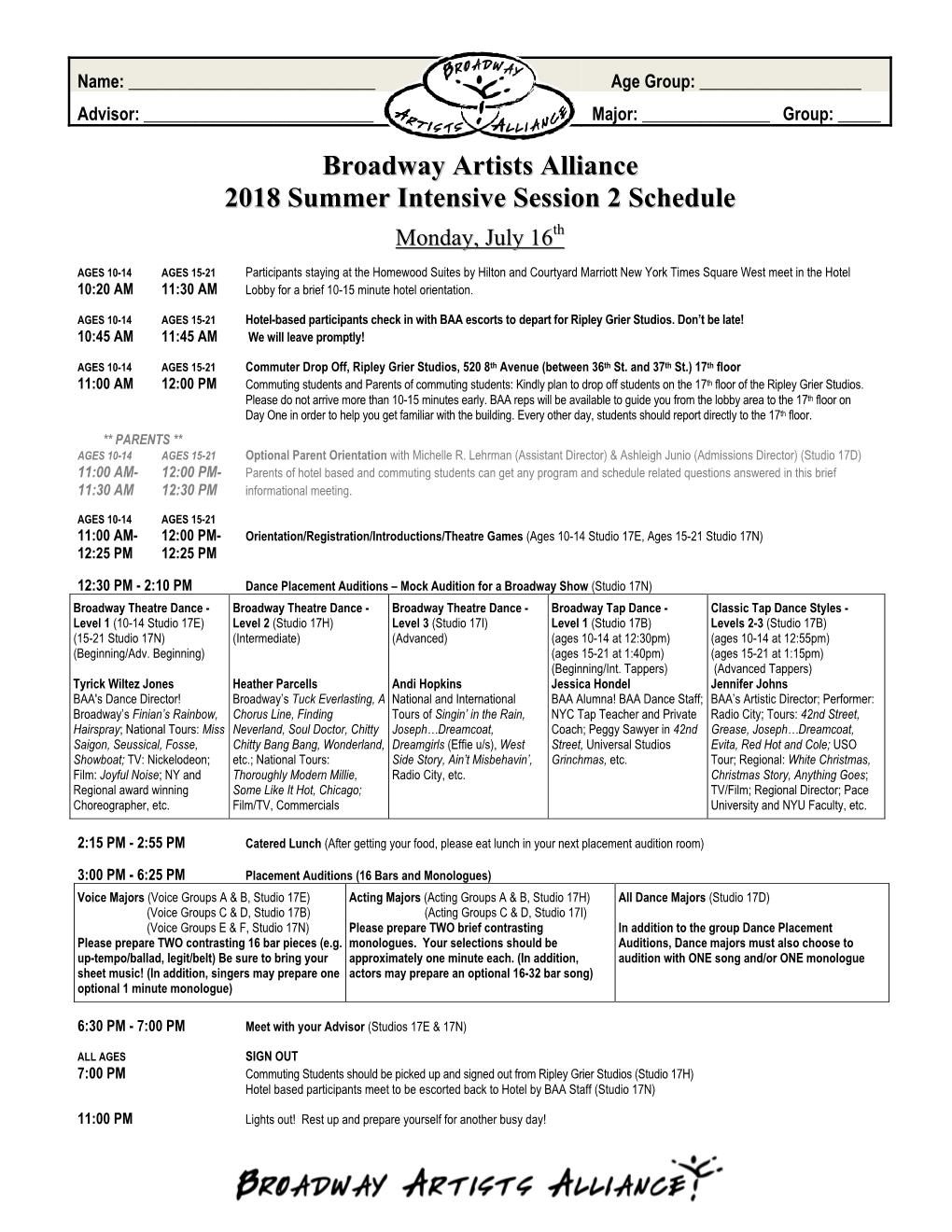 Broadway Artists Alliance 2018 Summer Intensive Session 2 Schedule