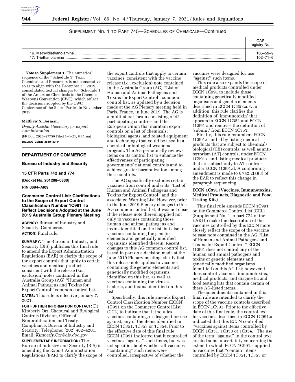 Federal Register/Vol. 86, No. 4/Thursday, January 7, 2021/Rules