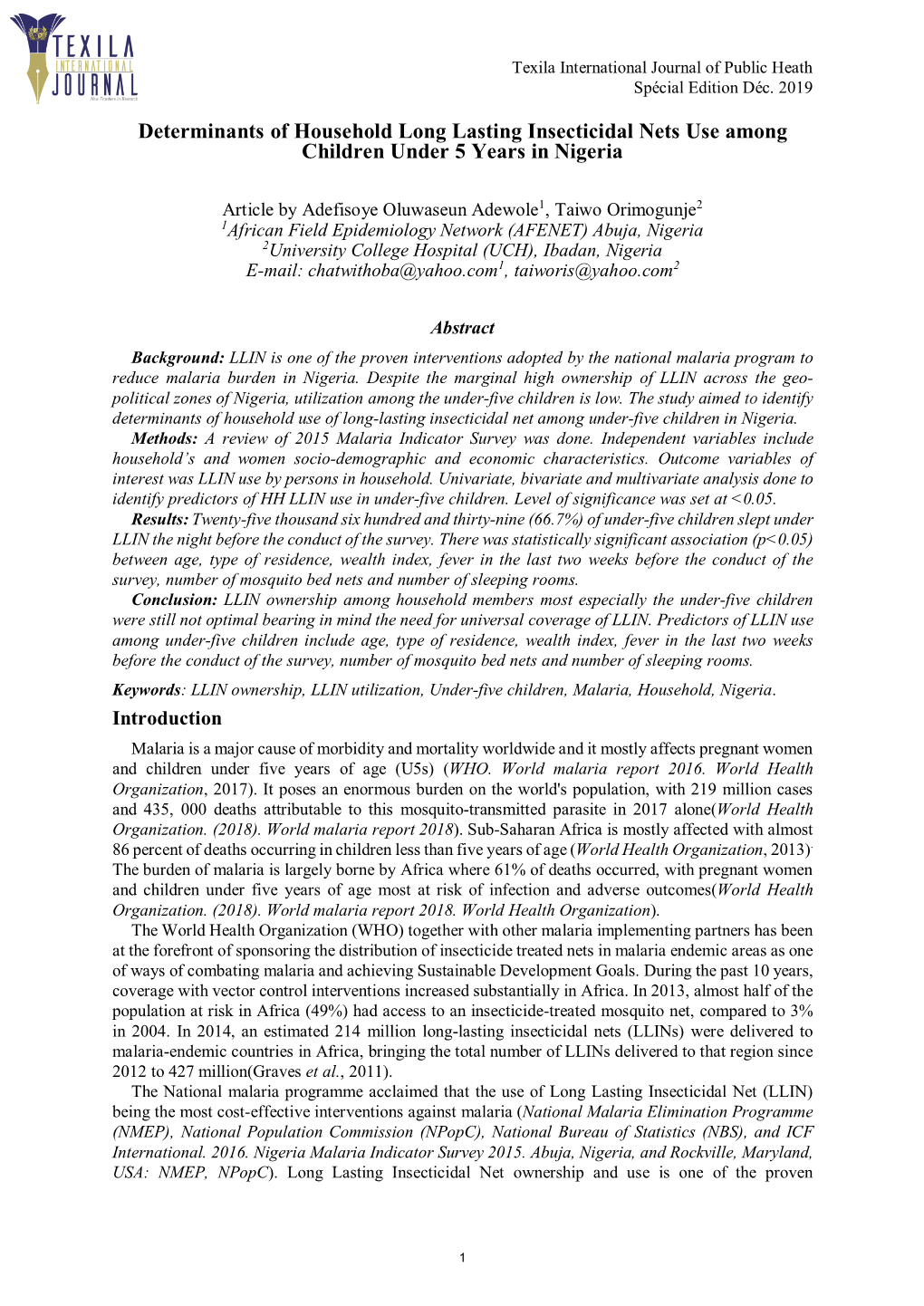 Determinants of Household Long Lasting Insecticidal Nets Use Among Children Under 5 Years in Nigeria