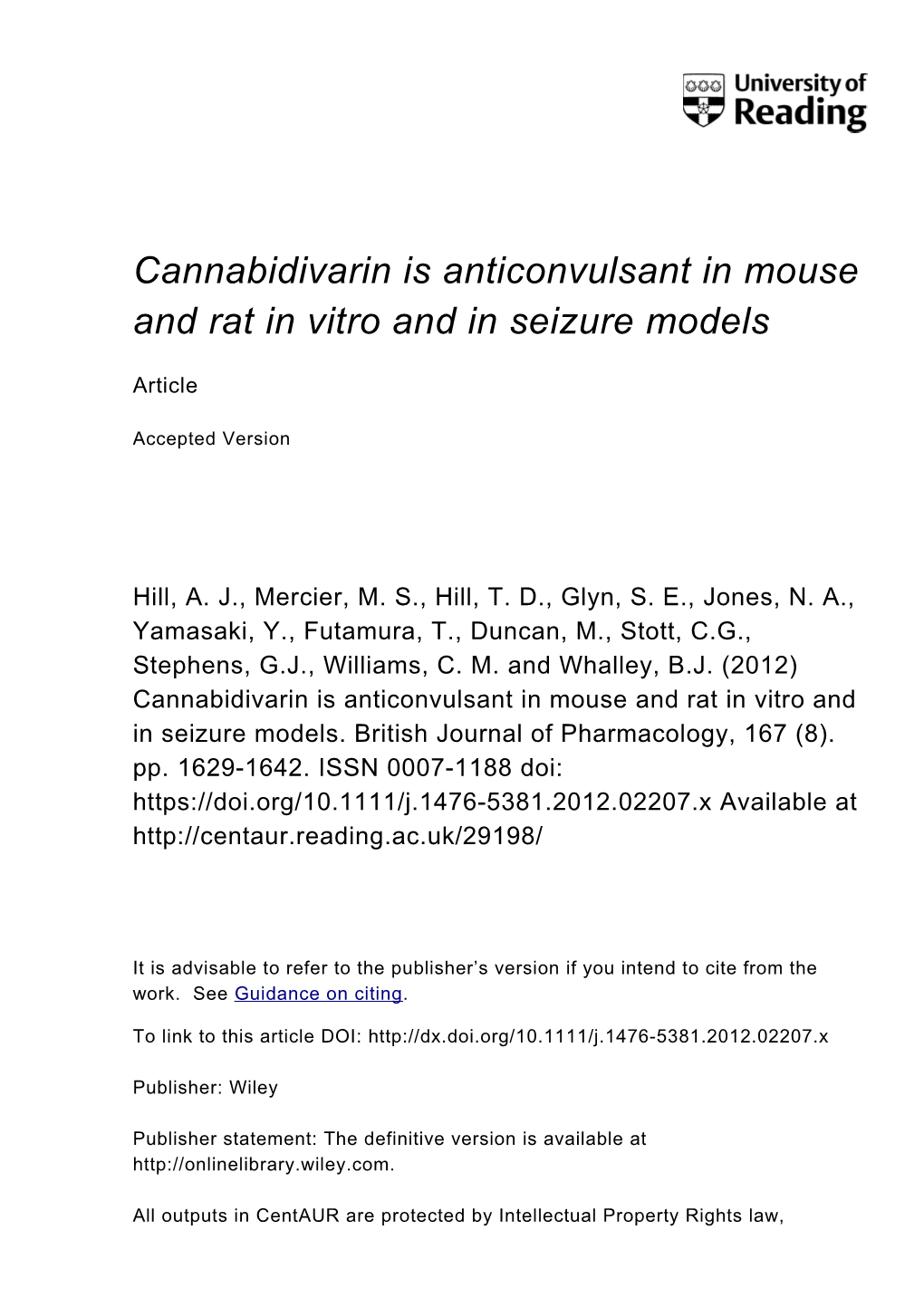 Cannabidivarin Is Anticonvulsant in Mouse and Rat in Vitro and in Seizure Models