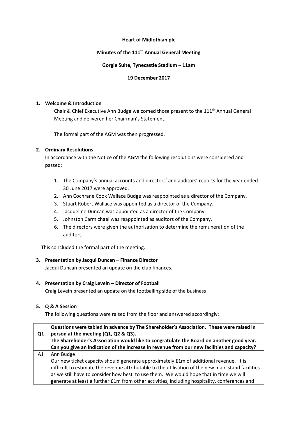 Heart of Midlothian Plc Minutes of the 111Th Annual General Meeting
