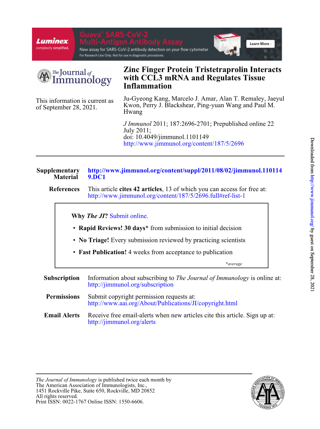 Zinc Finger Protein Tristetraprolin Interacts with CCL3 Mrna and Regulates Tissue Inflammation