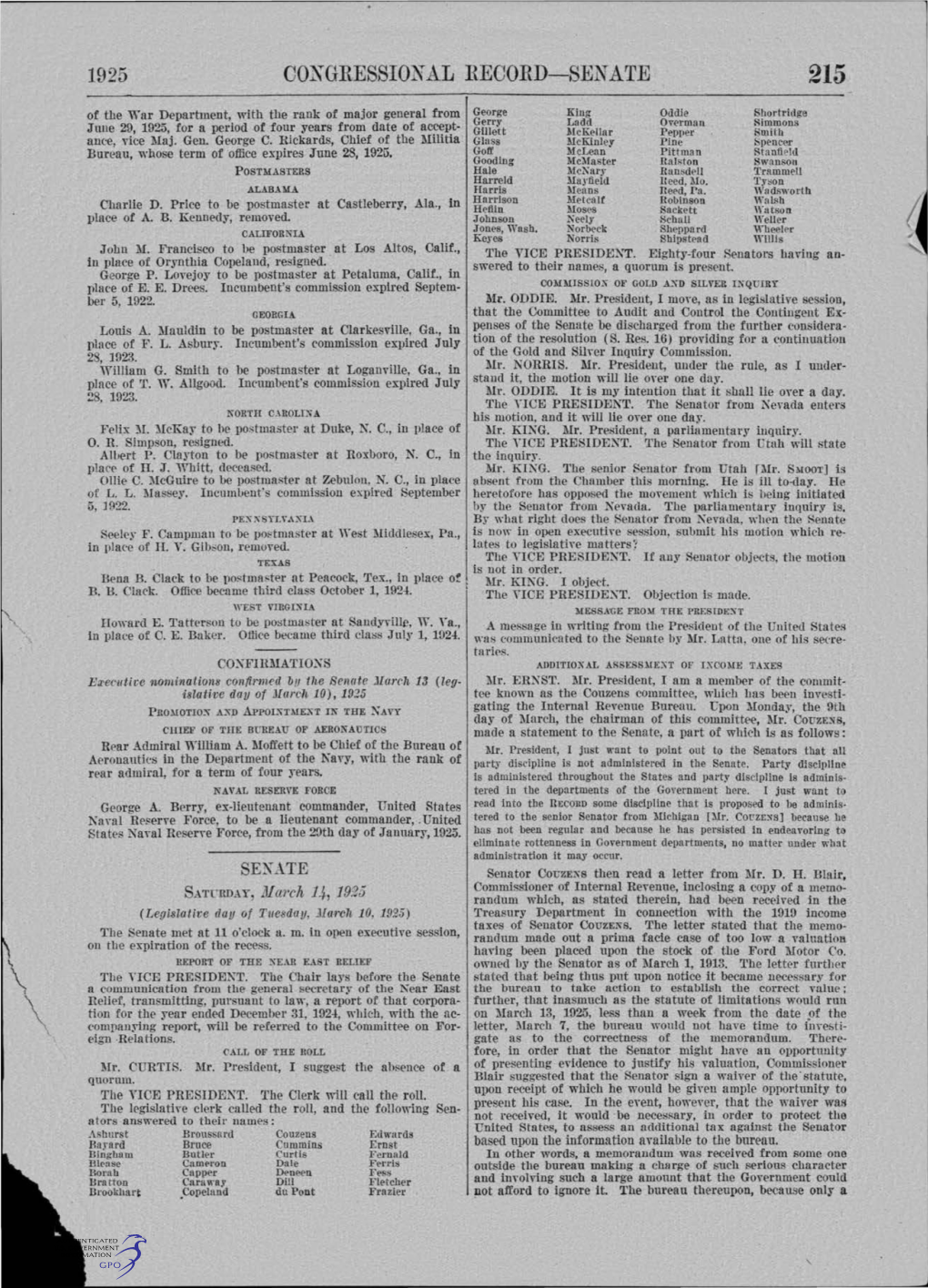 1925 Congressional Record-Sen