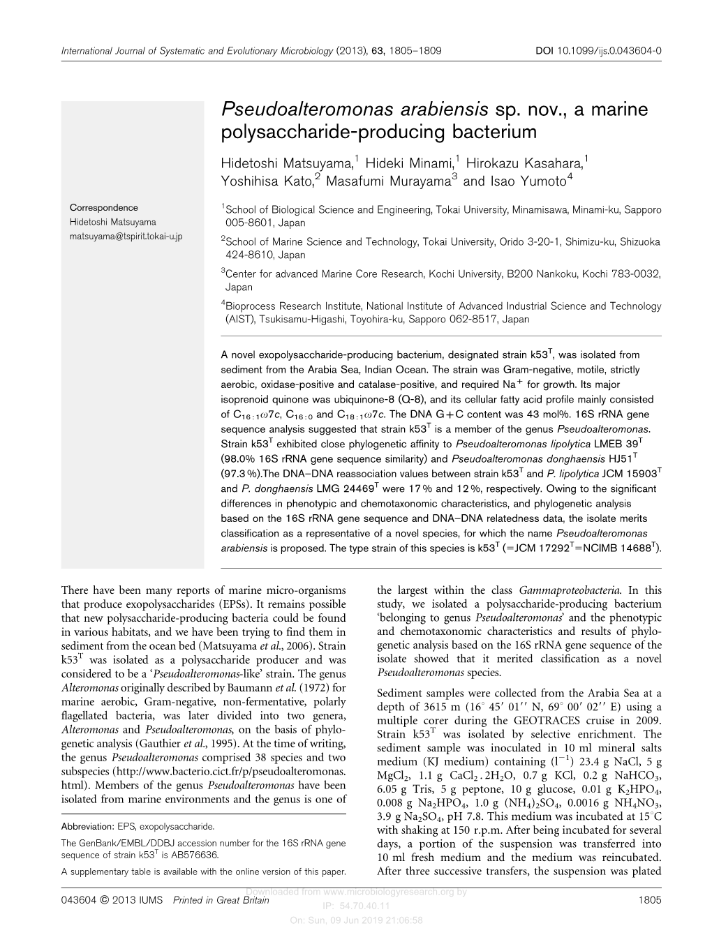 Pseudoalteromonas Arabiensis Sp. Nov., a Marine Polysaccharide-Producing Bacterium