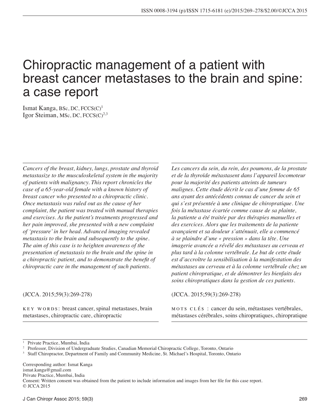 Chiropractic Management of a Patient with Breast Cancer Metastases To