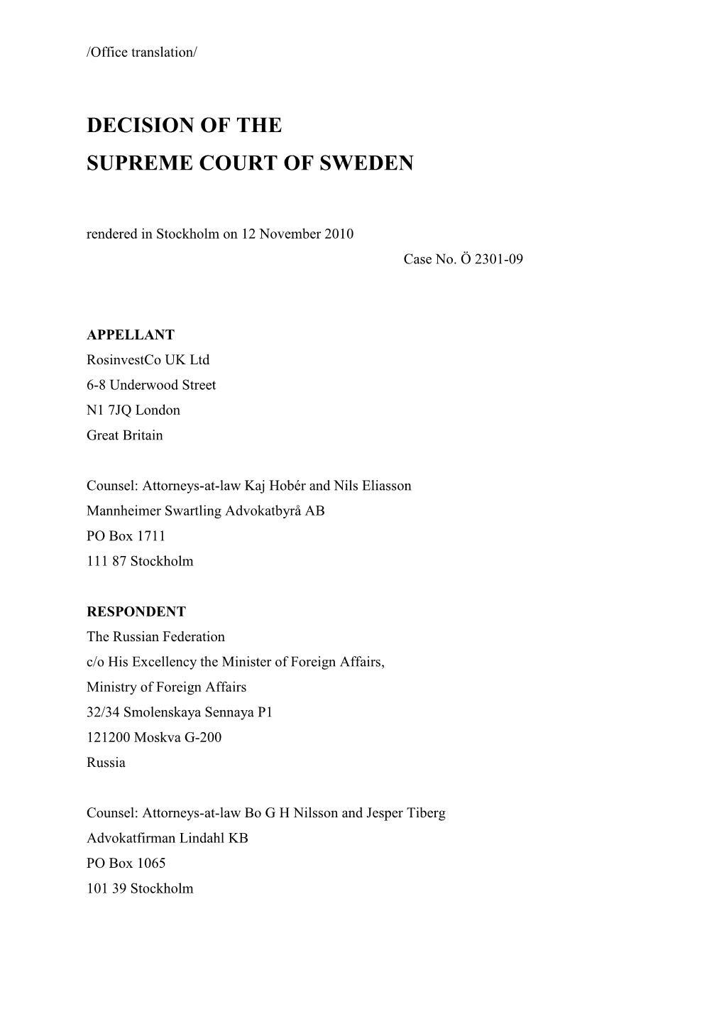Decision of the Supreme Court of Sweden