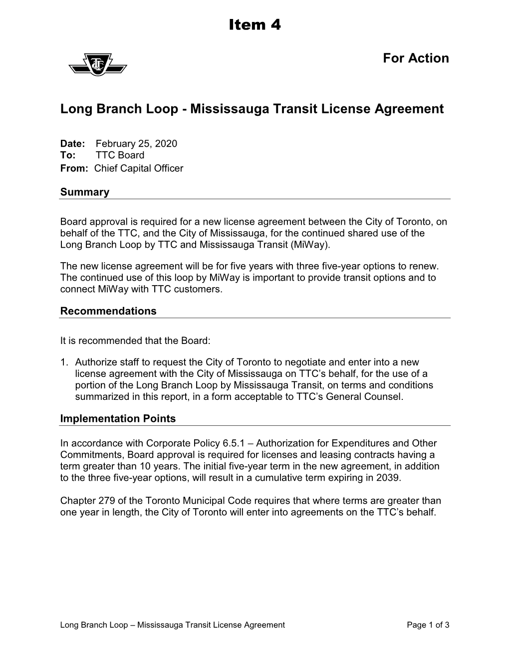 Long Branch Loop - Mississauga Transit License Agreement